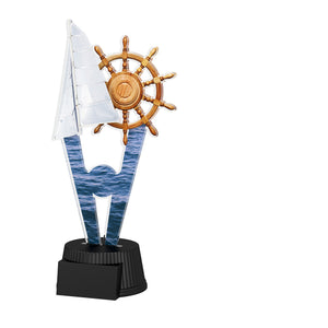Acrylpokal mit schwarzem Sockel und Segel-/Maritim-Motiv mit Steuerrad.