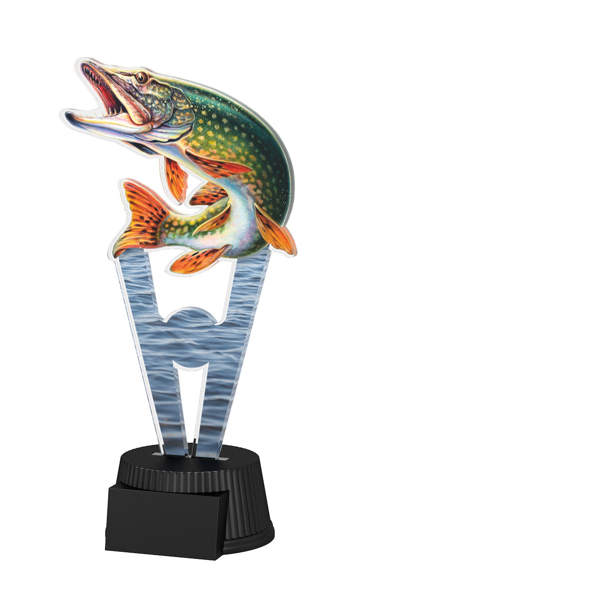 Acrylpokal mit schwarzem Sockel und Angelmotiv mit Fisch.