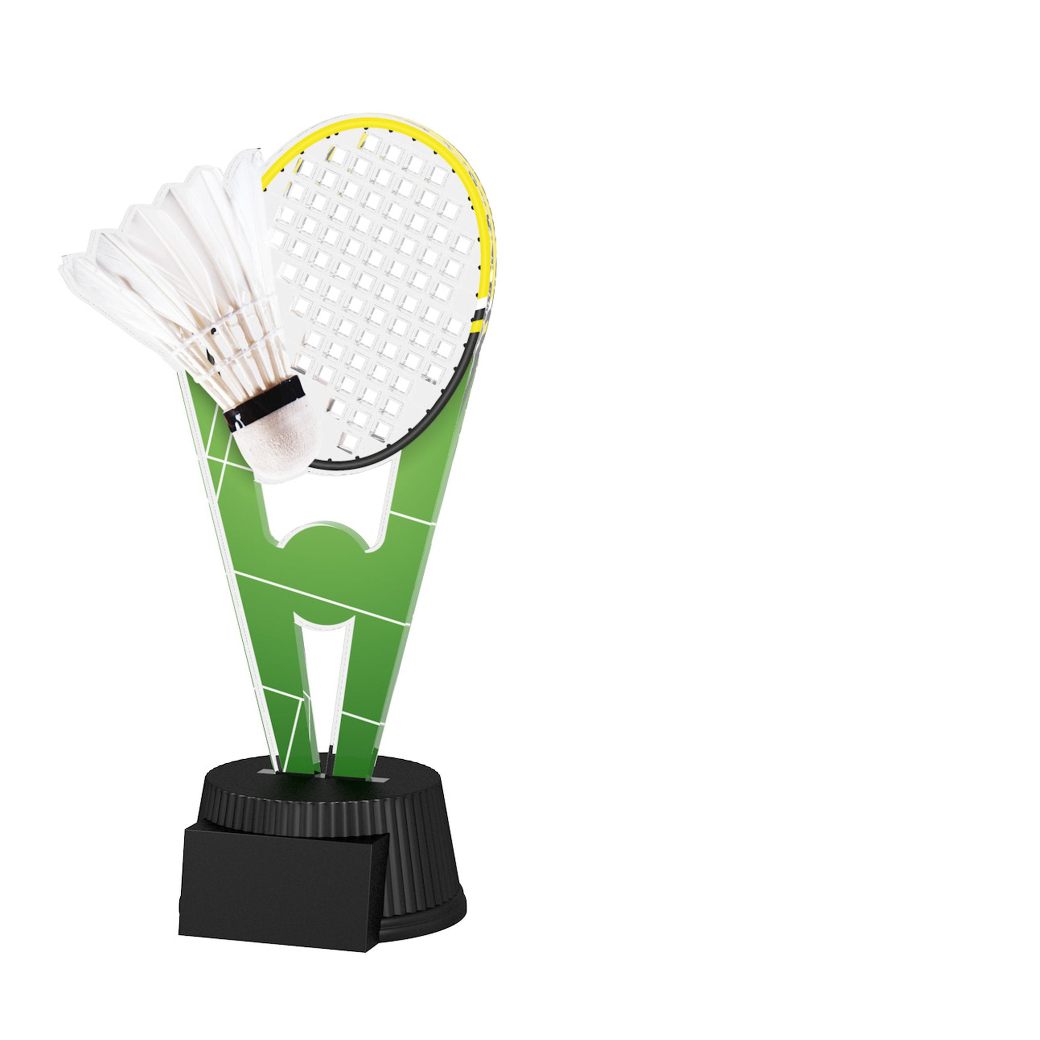 Bunter Acrylpokal mit schwarzem Sockel und Badmintonmotiv mit Federball und Schläger.
