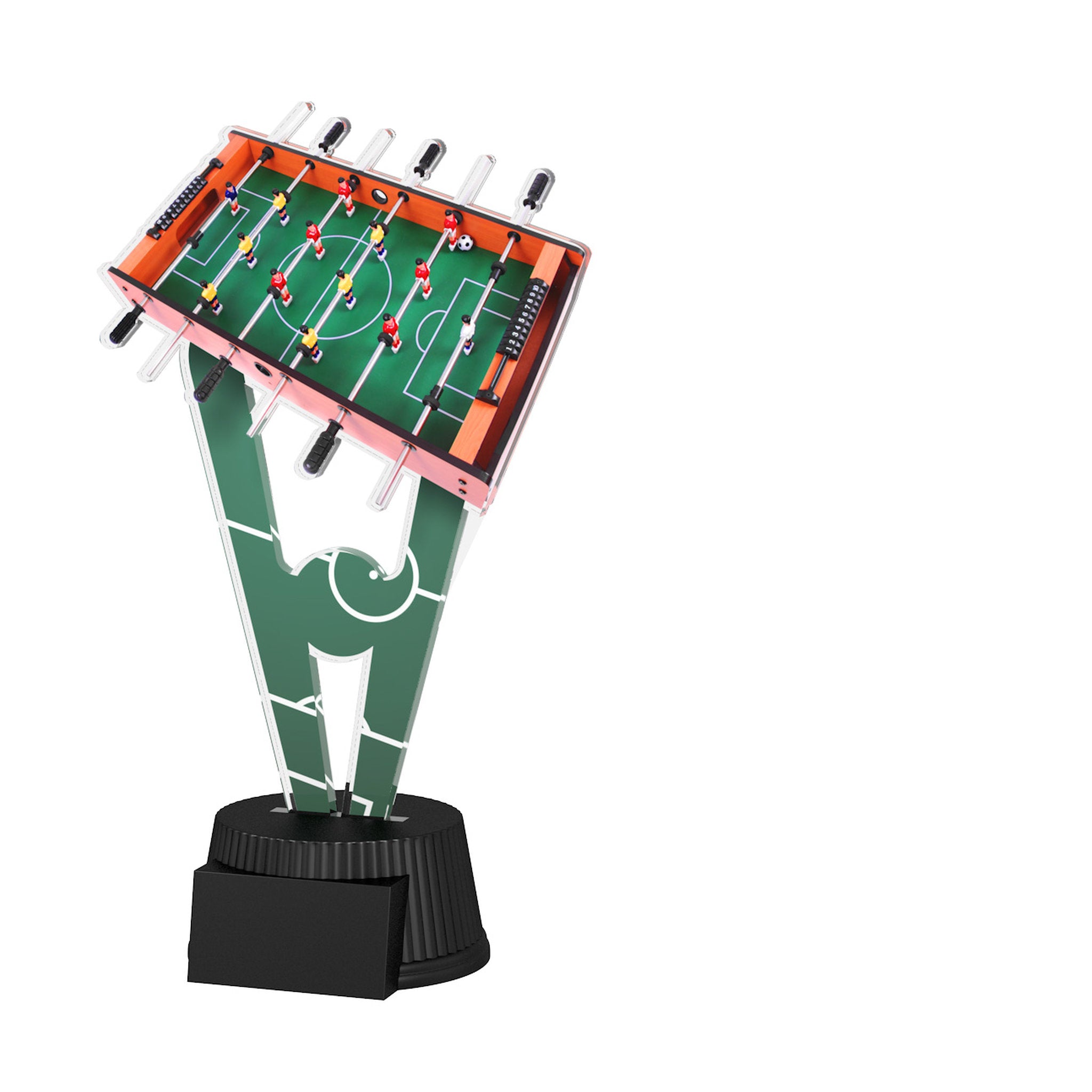Acrylpokal mit schwarzem Sockel und Tischfußball/Kicker-Motiv.