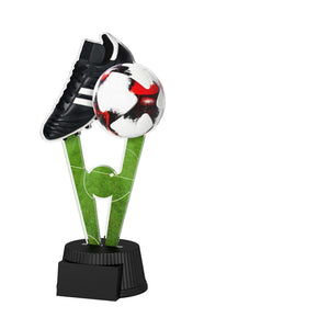 Acrylpokal mit schwarzem Sockel und Fußballmotiv mit Schuh und Ball.