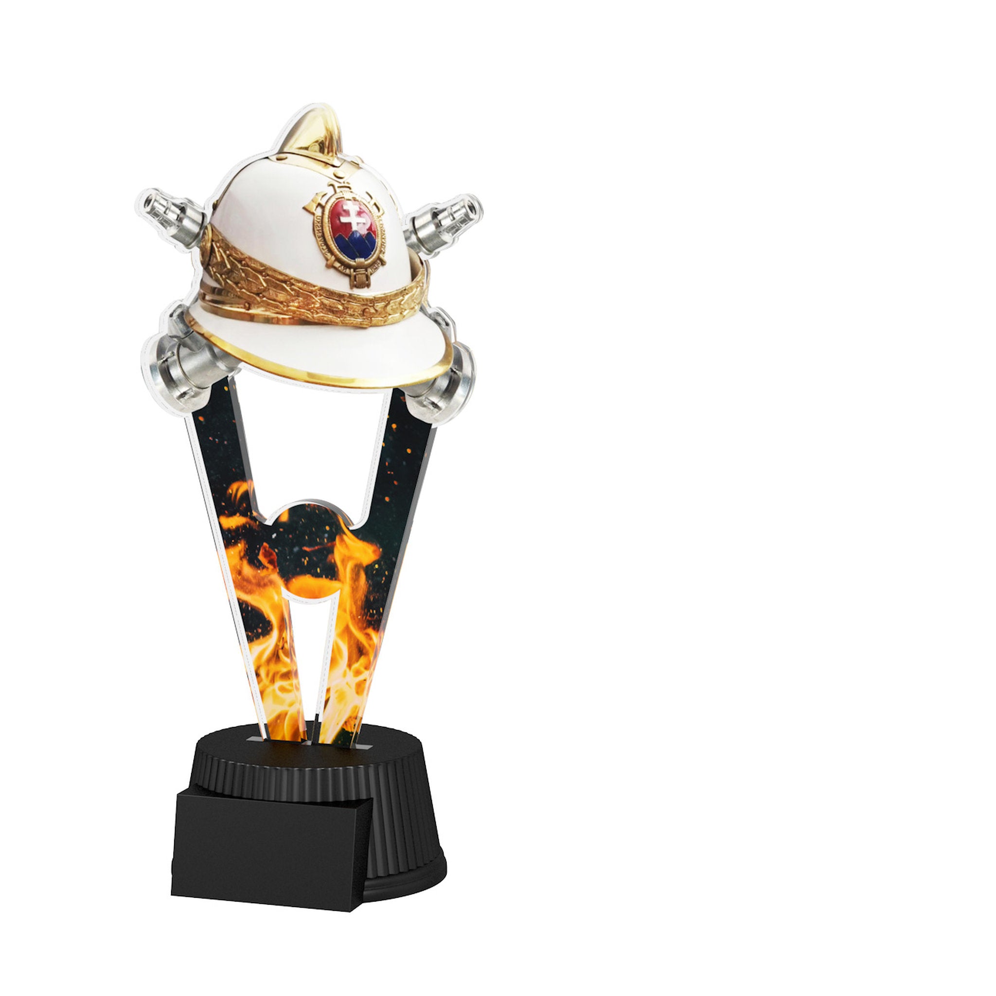 Acrylpokal mit schwarzem Sockel und Feuerwehrhelm mit Emblem vor Flammenoptik.