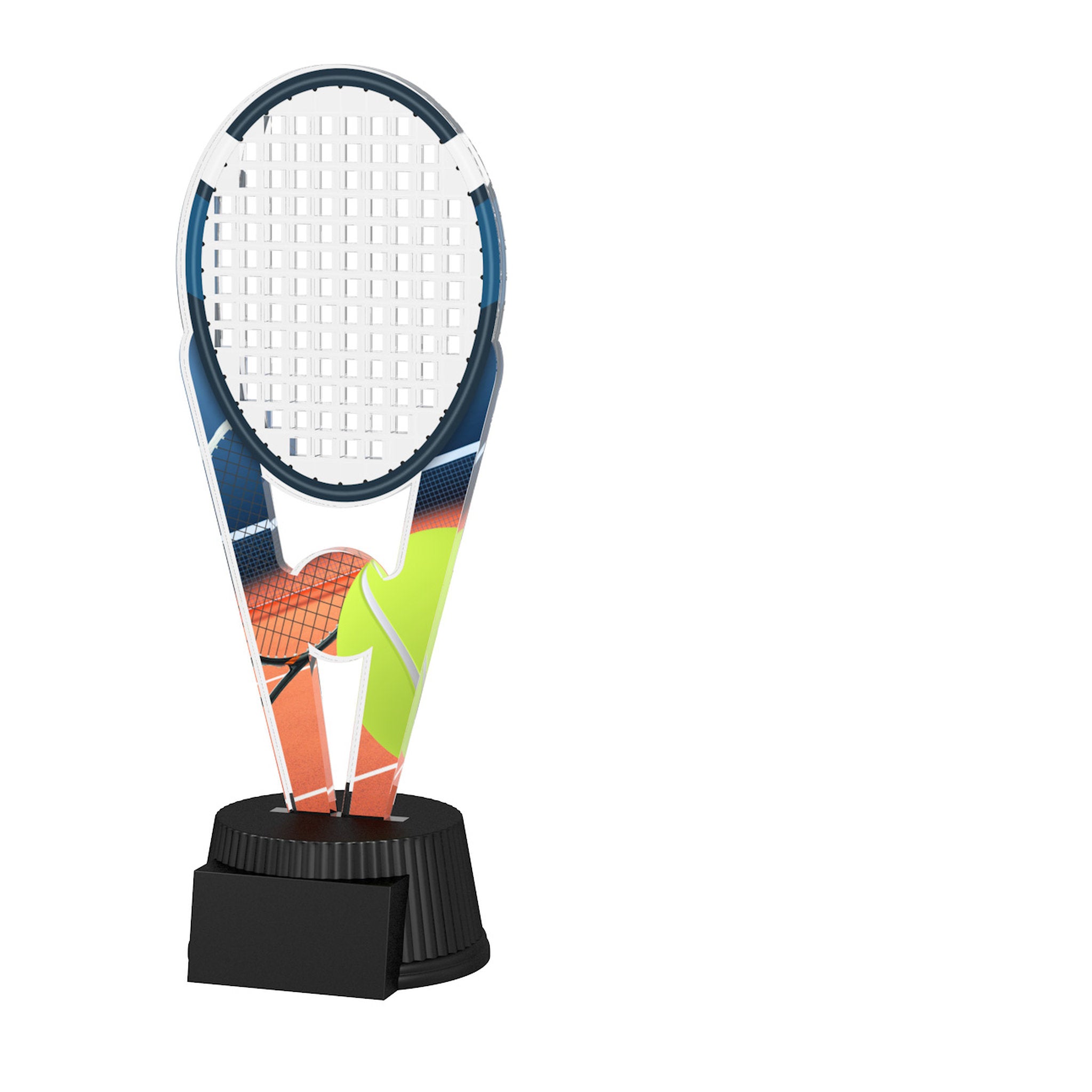 Bunter Acrylpokal mit schwarzem Sockel und Tennismotiv mit Schläger.