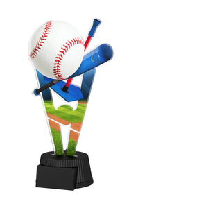 Acrylpokal mit schwarzem Sockel und Baseballmotiv mit Ball und Schlägern.
