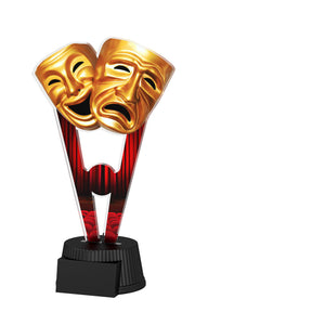Acrylpokal mit schwarzem Sockel und Theater-/Bühnenmotiv mit Masken.