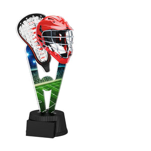 Acrylpokal mit schwarzem Sockel und Lacrosse-/Teamsport-Helmmotiv.