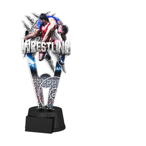 Acrylpokal mit schwarzem Sockel und Wrestling-Motiv.
