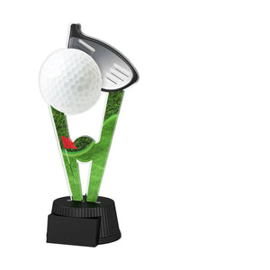 Bunter Acrylpokal mit schwarzem Sockel und Golfmotiv.