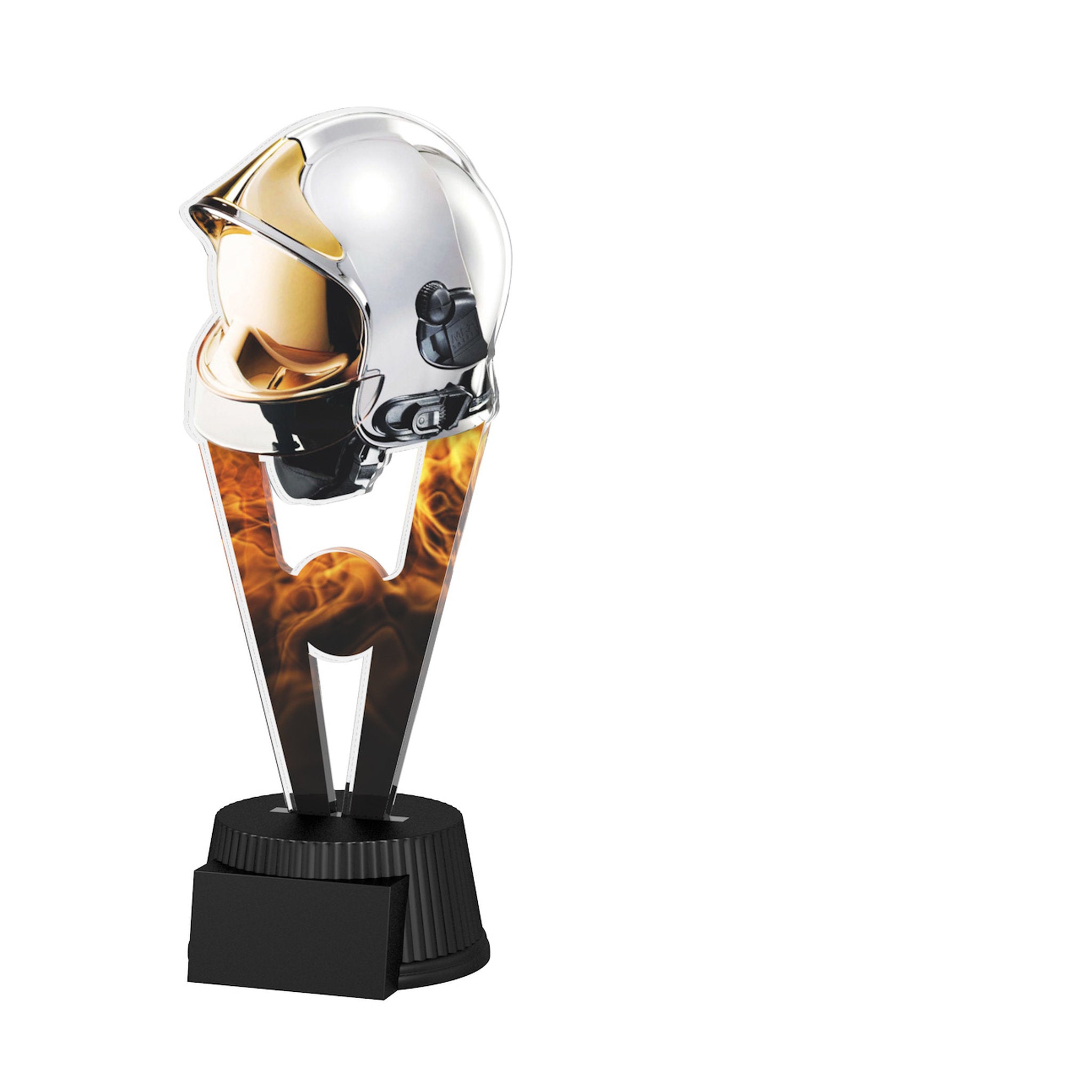Acrylpokal mit schwarzem Sockel und Motivteil mit American-Football-Helm vor flammenartiger Grafik.