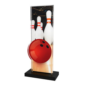 Acryl Trophäe Bowling (Kugel und Pins), 10 mm Acryl, schwarzer Acrylsockel; Text/Logo druckbar.