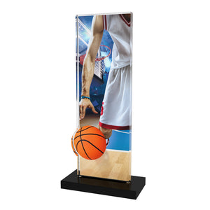 Acryl Trophäe Basketball (Ball), 10 mm Acryl, schwarzer Acrylsockel; Text/Logo druckbar.