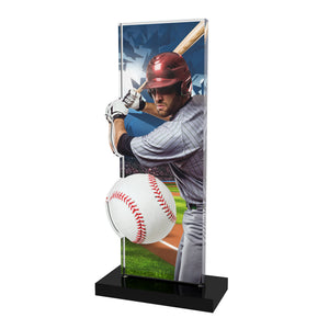 Acryl Trophäe Baseball (Spieler und Ball), 10 mm Acryl, schwarzer Acrylsockel; Text/Logo druckbar.