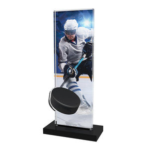 Acryl Trophäe Hockey (Spieler und Puck), 10 mm Acryl, schwarzer Acrylsockel; Text/Logo druckbar.