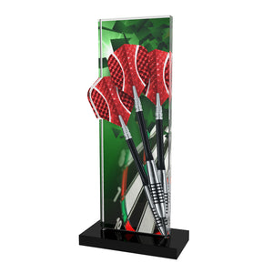 Acryl Trophäe Darts (Dartpfeile), 10 mm Acryl, schwarzer Acrylsockel; Text/Logo druckbar.