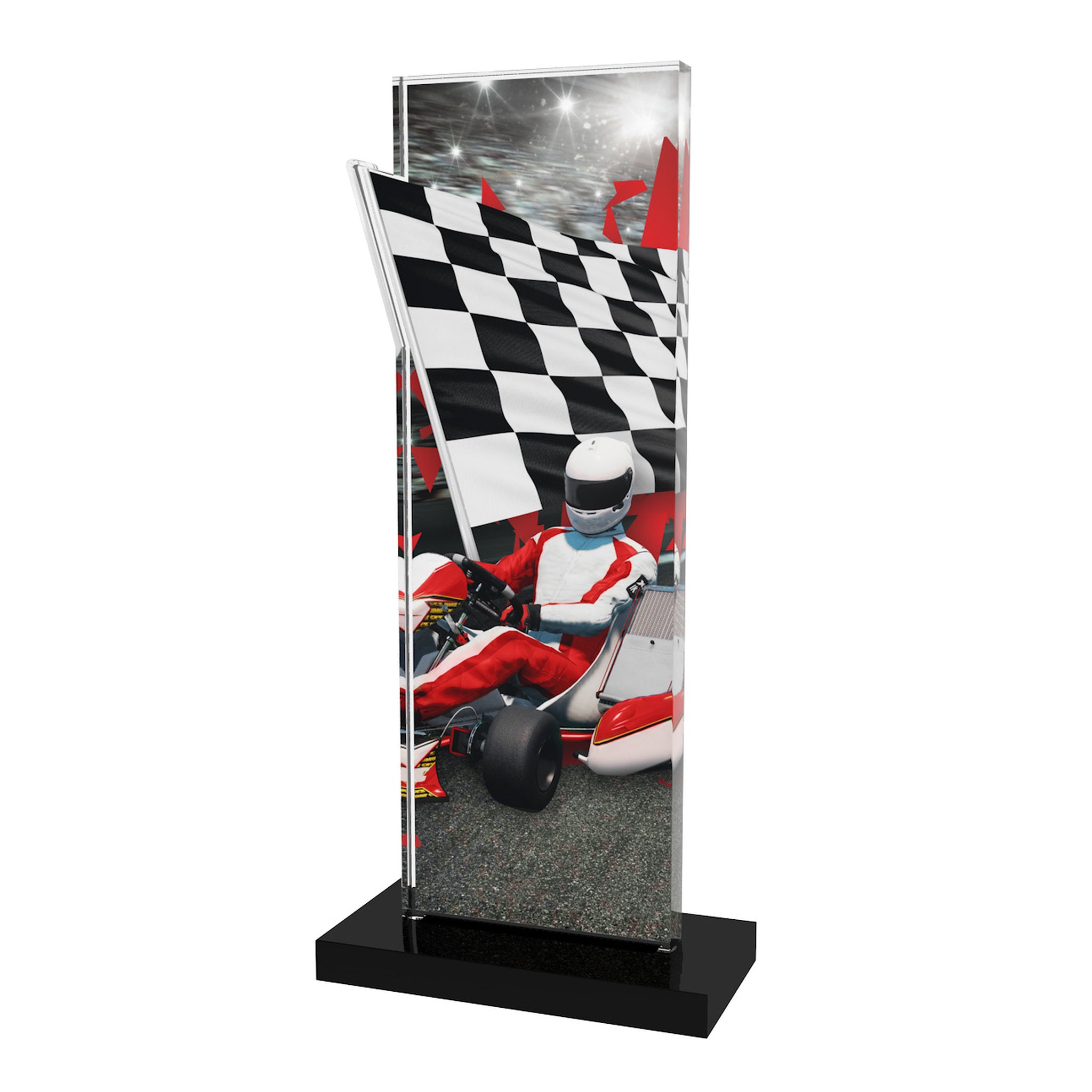 Acryl Trophäe Motorsport/Kart (Zielflagge und Kart), 10 mm Acryl, schwarzer Acrylsockel; Text/Logo druckbar.