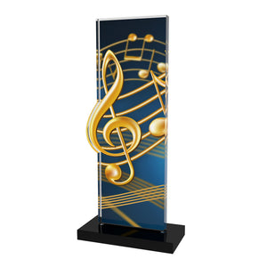 Acryl Trophäe Musik (Notenlinien/Schlüssel), 10 mm Acryl, schwarzer Acrylsockel; Text/Logo druckbar.