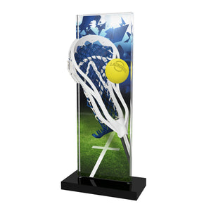 Acryl Trophäe Lacrosse (Schläger und Ball), 10 mm Acryl, schwarzer Acrylsockel; Text/Logo druckbar.