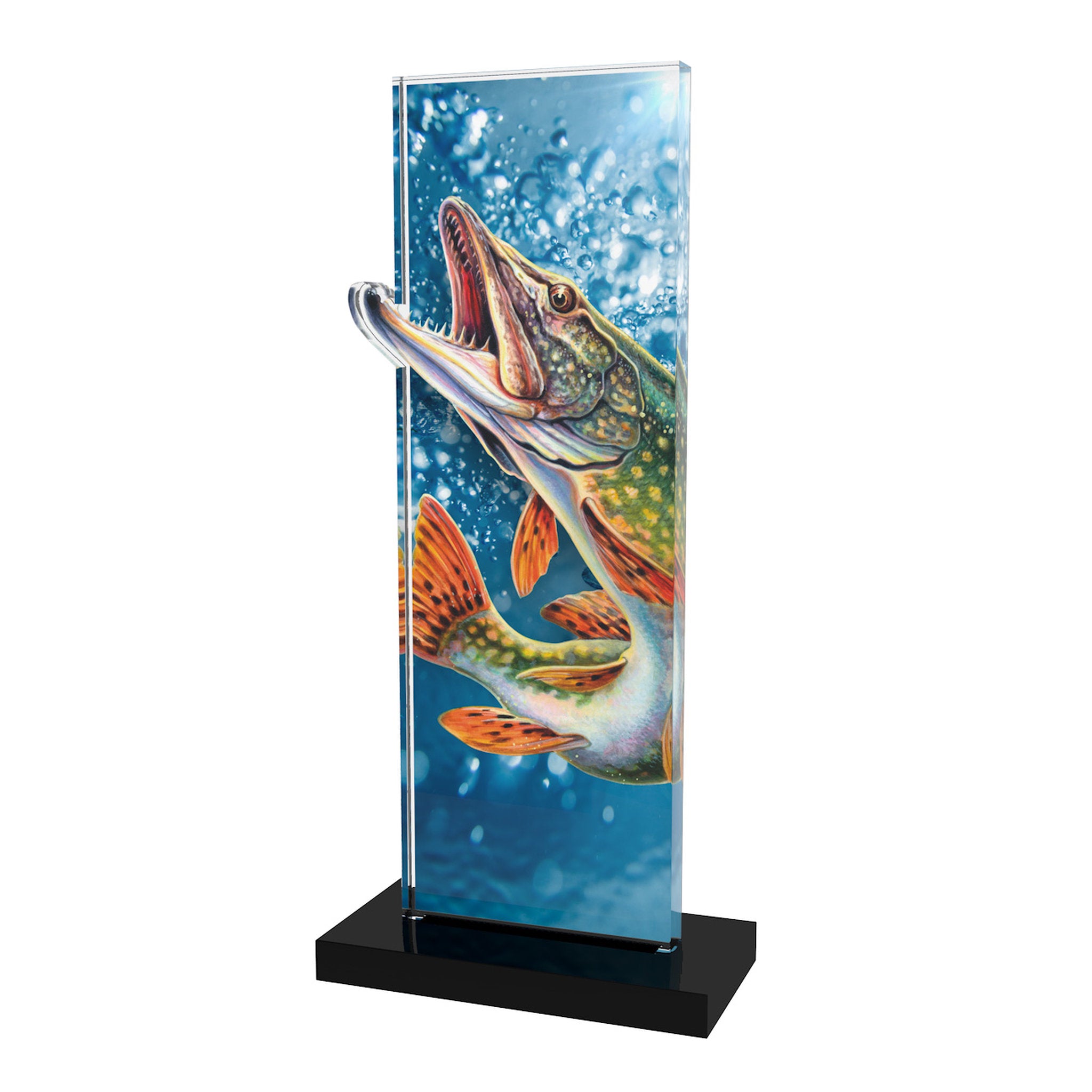 Acryl Trophäe Angeln (Fisch), 10 mm Acryl, schwarzer Acrylsockel; Text/Logo druckbar.