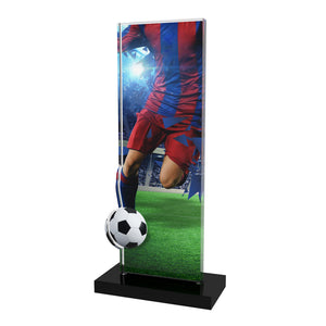 Acryl Trophäe mit Fußball-Motiv (Spieler in Rot), 10 mm Acryl und schwarzem Acrylsockel; Text/Logo druckbar.
