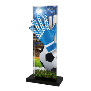 Acryl Trophäe mit Torwart-Handschuh-Motiv und Fußball, 10 mm Acryl mit schwarzem Acrylsockel; Text/Logo druckbar.