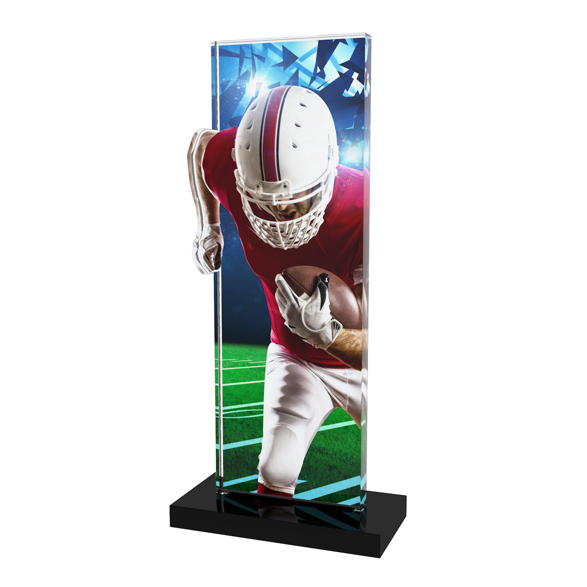 Acryl Trophäe American Football (Spieler), 10 mm Acryl, schwarzer Acrylsockel; Text/Logo druckbar.
