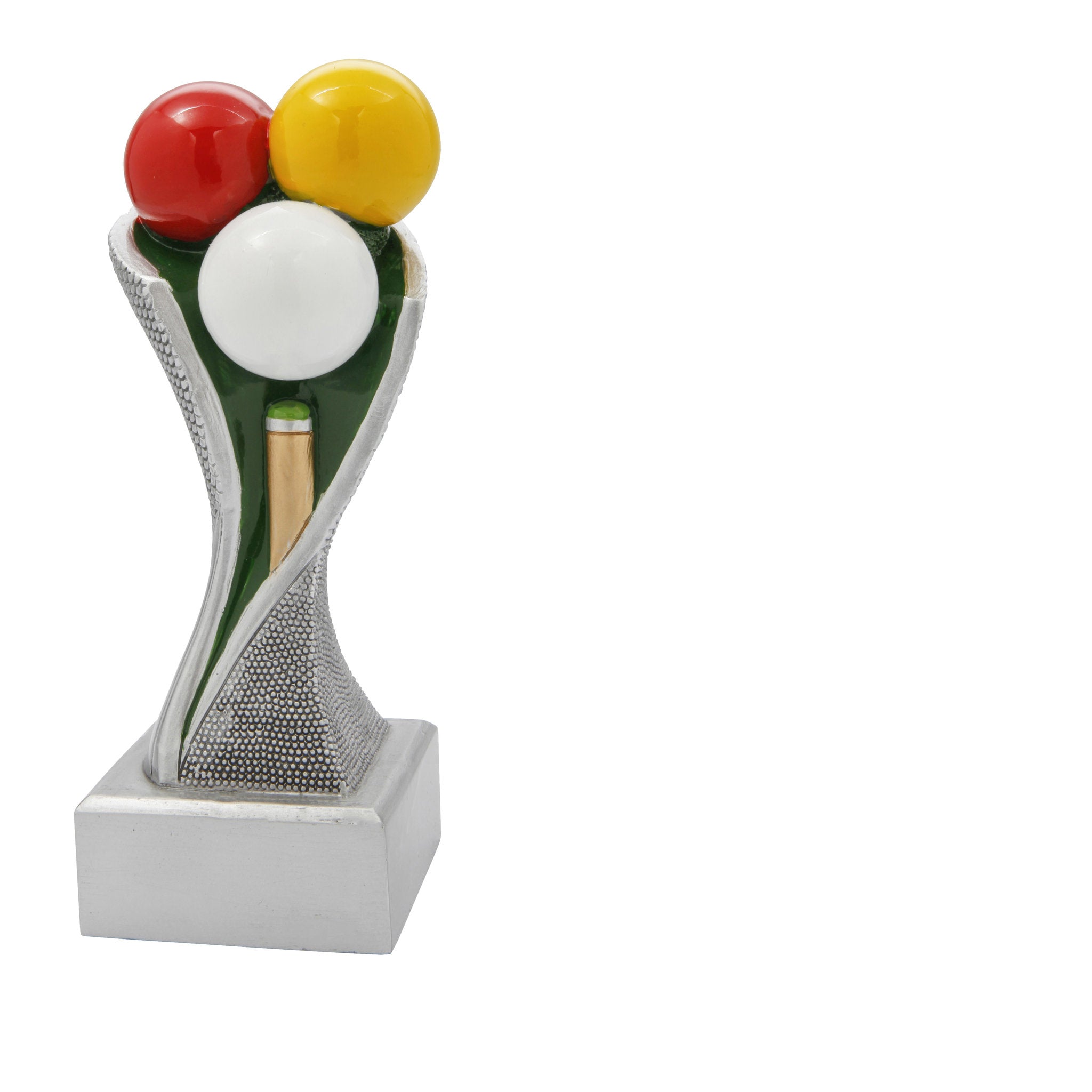 Die Billiard Groove ist eine Trophäe mit geschwungener Form in Silber auf silbernem Sockel. Ganz oben befinden sich drei Billardkugeln in Rot, Gelb und Weiß sowie ein Billardstab. Diese dynamische Trophäe eignet sich perfekt für Billardturniere, Vereinsme