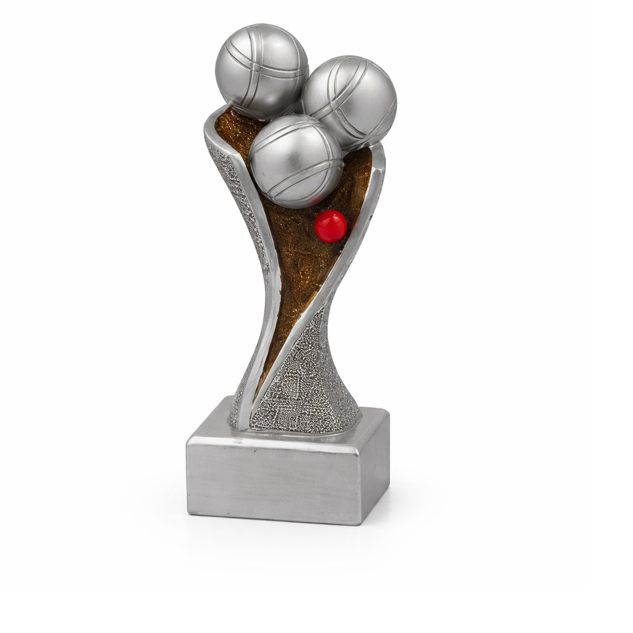 Die Boule Groove ist eine Trophäe mit geschwungener Form in Silber auf silbernem Sockel. Ganz oben sind drei silberne Boulekugeln angebracht, dazu eine rote Zielkugel. Diese dynamische Trophäe eignet sich perfekt für Boule-Turniere, Vereinsmeisterschaften