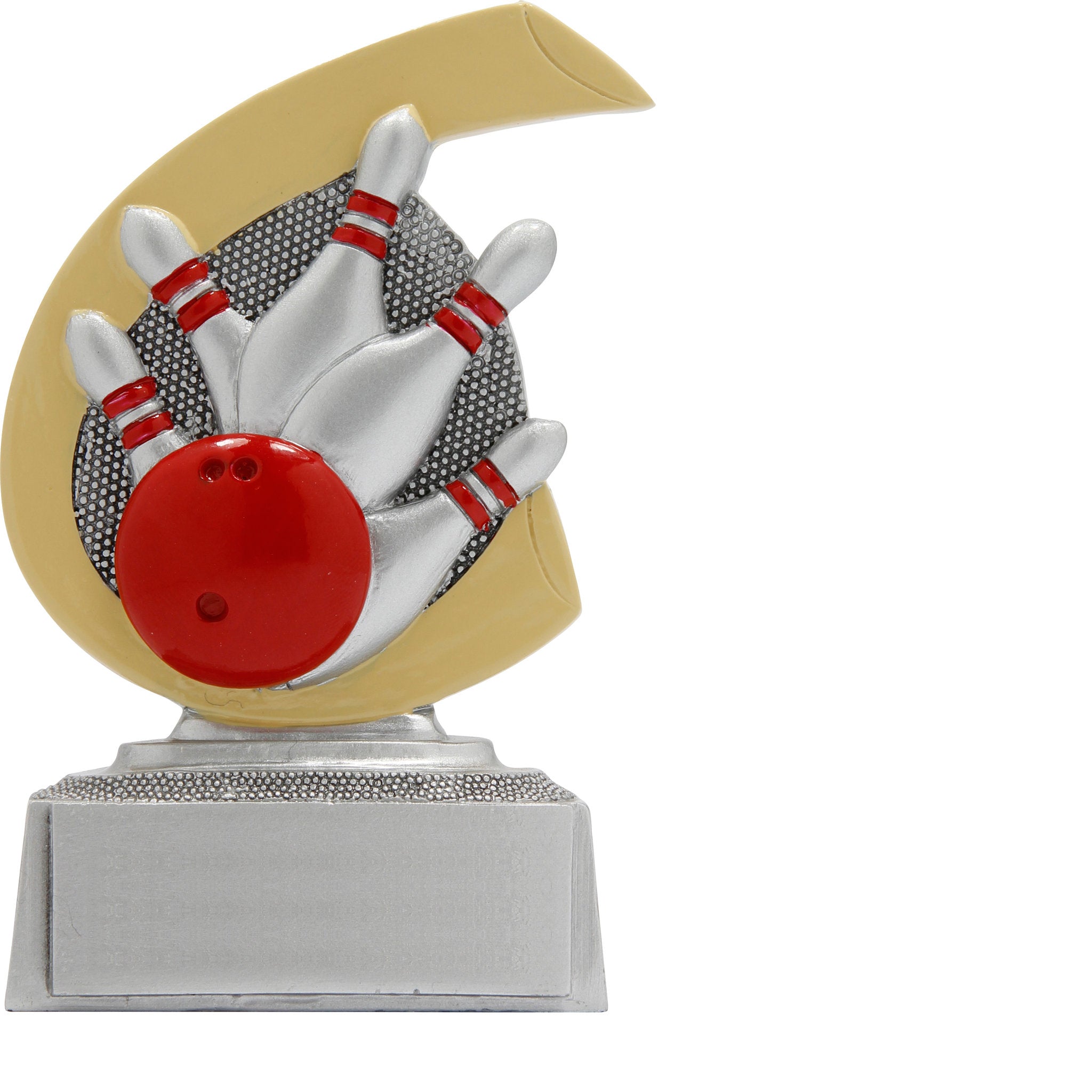 Die Bowling ist eine Resina-Trophäe mit geschwungenem, halbmondförmigem Hintergrund, auf dem fünf Bowlingpins und eine rote Bowlingkugel dargestellt sind. Die Trophäe steht auf einem silbernen rechteckigen Sockel und eignet sich perfekt für Bowlingturnier
