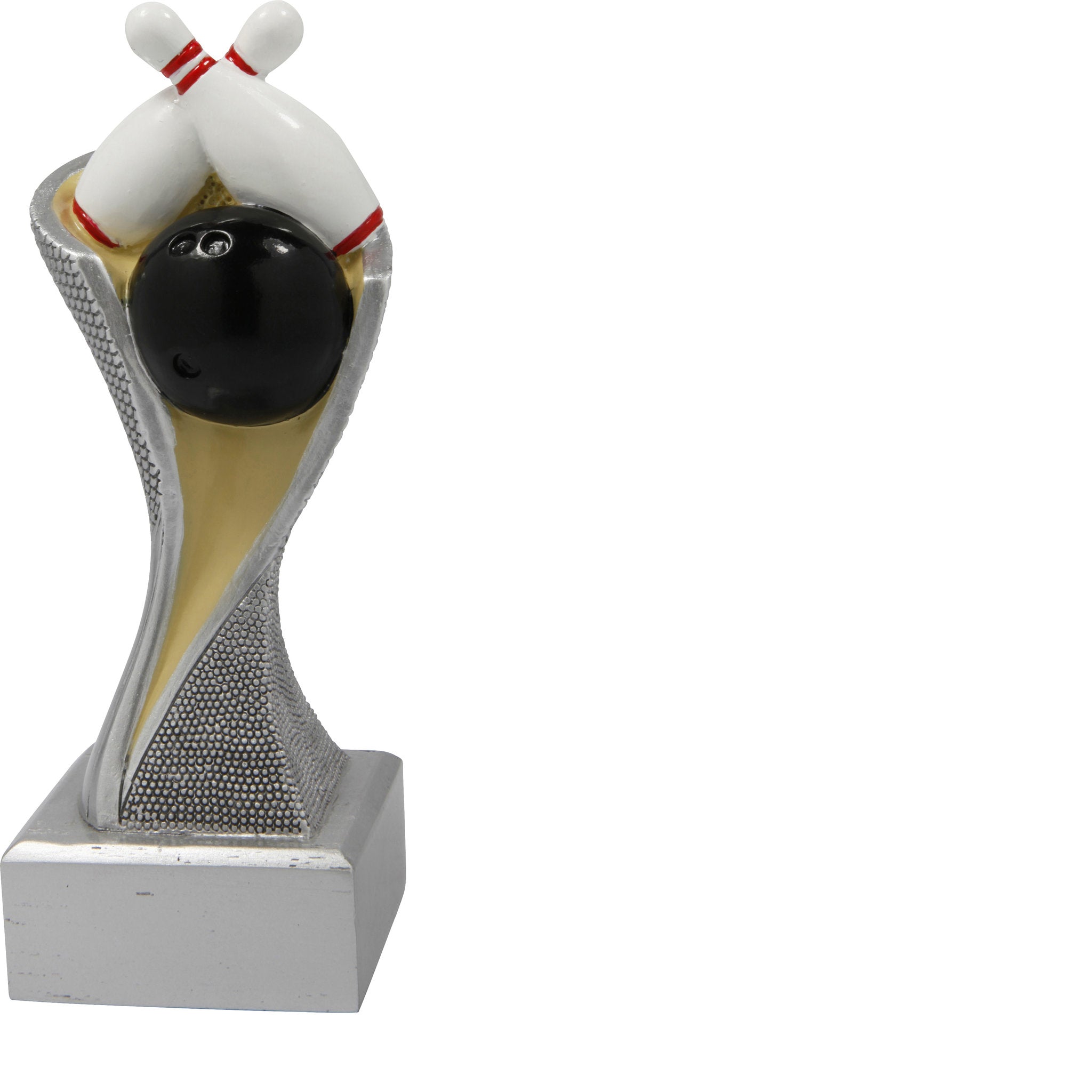 Moderne Resin-Trophäe mit stilisierter Bowlingkugel und Pins auf massivem Sockel – ideal für Turniere, Vereinsmeisterschaften und sportliche Ehrungen.