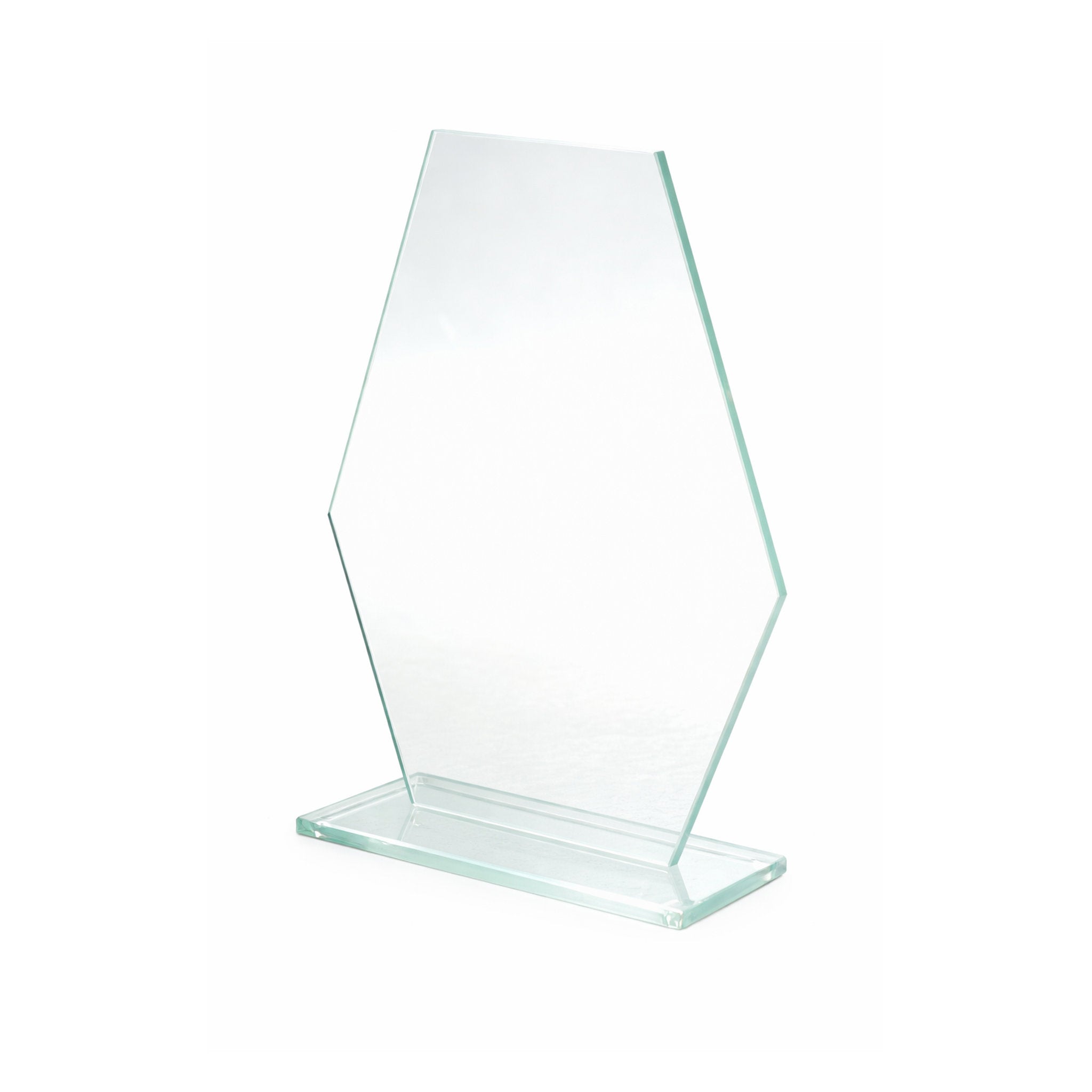 Moderne Glastrophäe in aqua-grüner Glasfarbe mit 5 mm Glasstärke auf Glassockel, handgefertigt und geeignet für zeitgemäße Auszeichnungen.