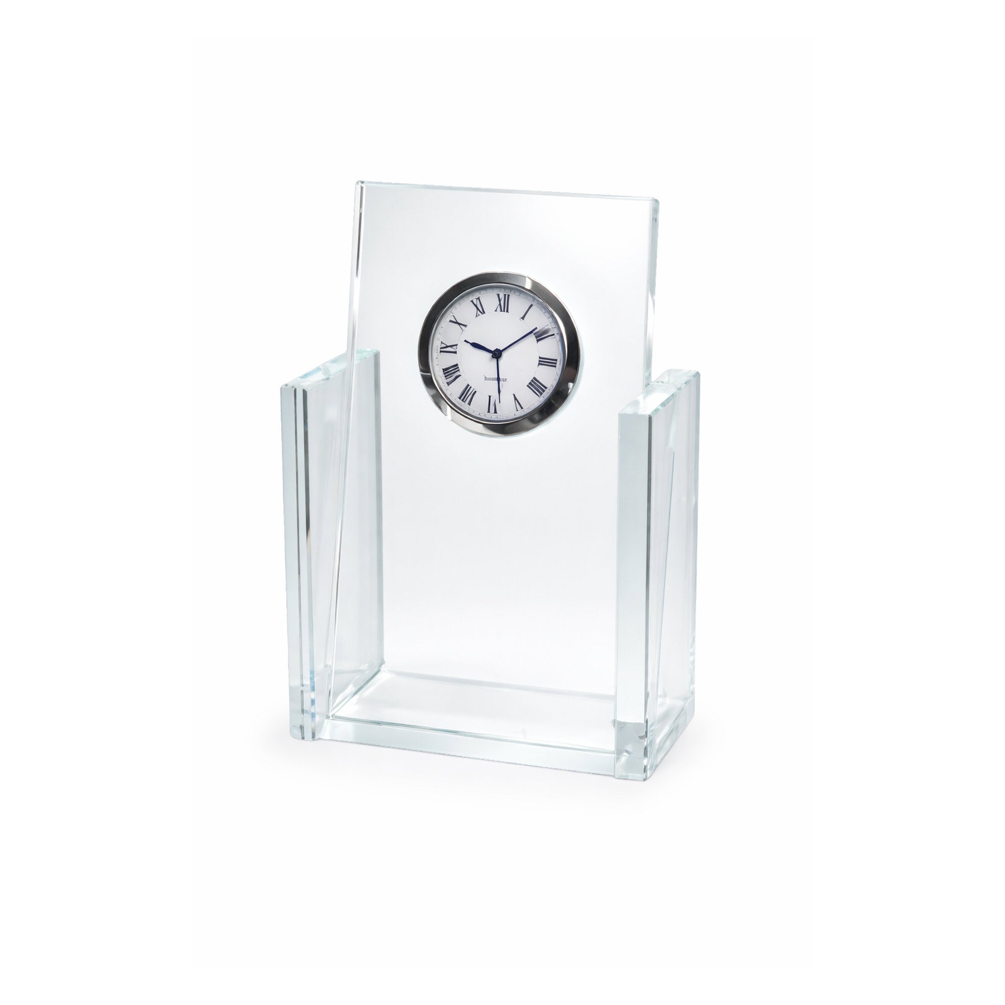 Kompakte Glastrophäe aus klarem Weißglas mit großem integrierten Uhrwerk in 45mm Durchmesser, geeignet für moderne und formelle Ehrungen.