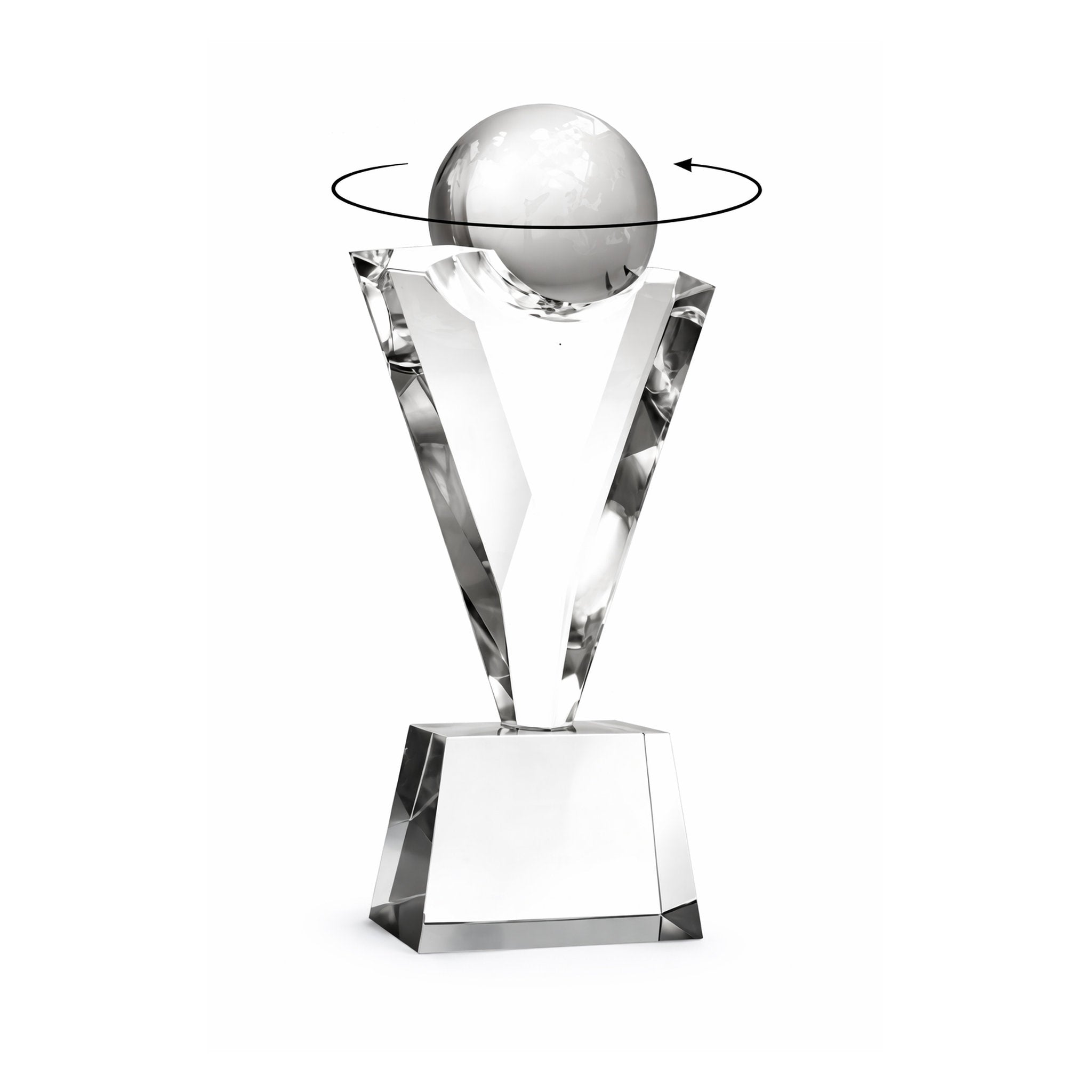 Exklusive Kristallglas-Trophäe mit beweglich gelagerter Kristallkugel, handgefertigt und geeignet für außergewöhnliche Siegerehrungen.