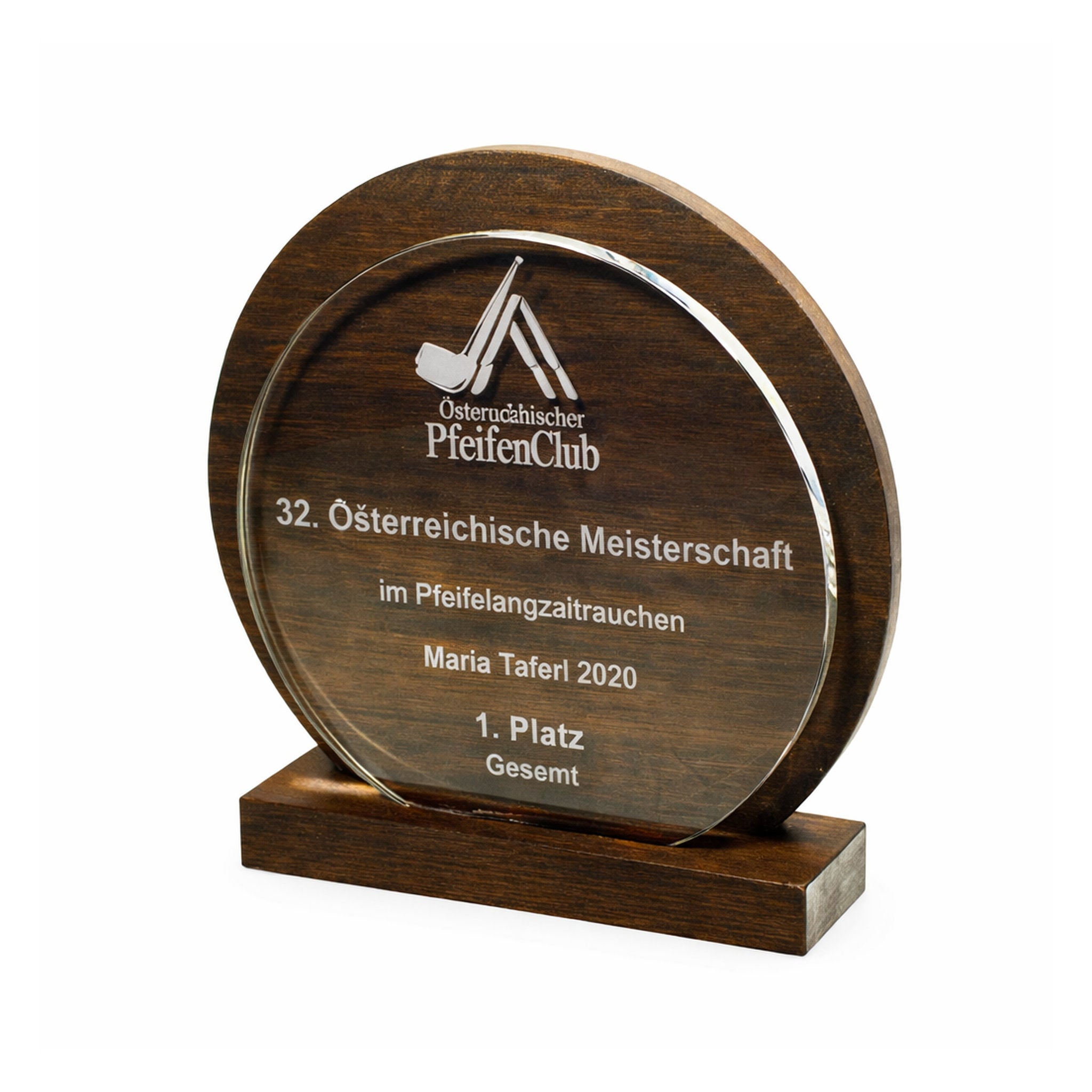 Holztrophäe aus Buchenholz mit Glasplatte auf Sockel, geeignet für sportliche und festliche Auszeichnungen.