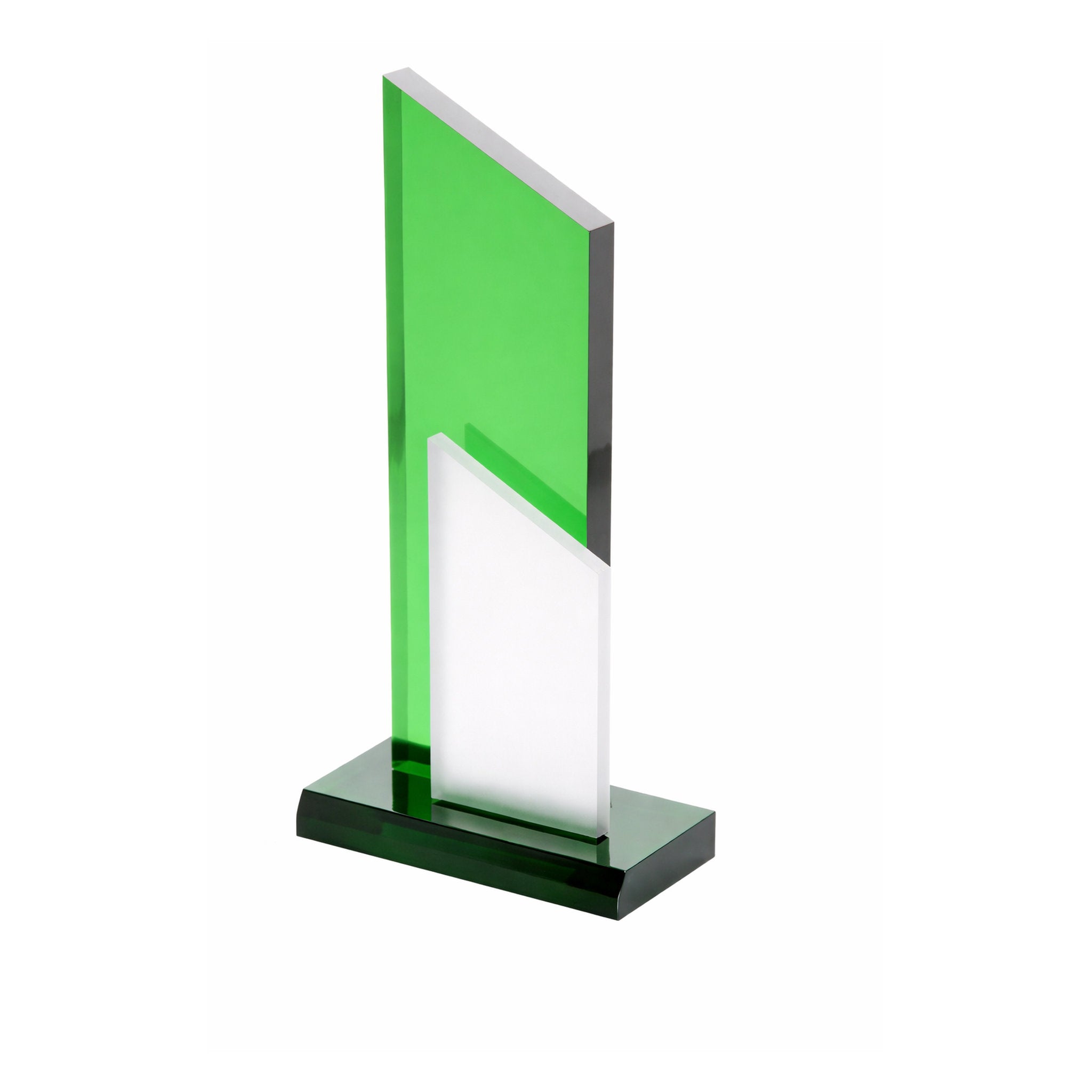 Elegante Trophäenserie aus Acrylglas mit klaren Linien, kombiniert aus grüner Farbe und gefrosteten Acrylic Ice.

Der Peak Awards steht für klare Entscheidungen und sichtbare Leistung. Die aufstrebende Form erinnert an einen Gipfel, der erreicht wurde. Di