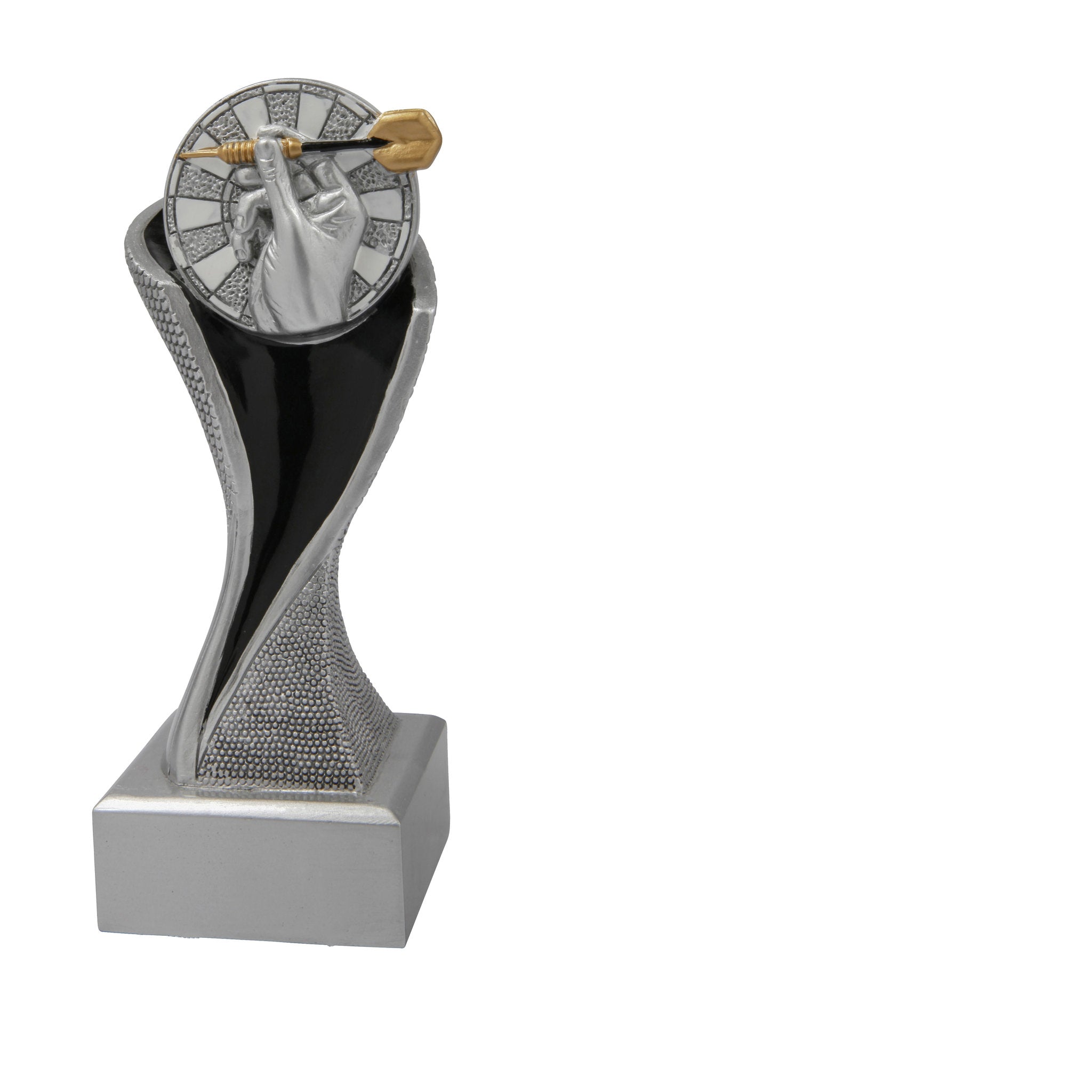Die Darts Groove ist eine Trophäe mit geschwungener Form in Silber auf silbernem Sockel. Ganz oben hält eine Hand vor einer Dartzielscheibe einen Dartpfeil. Diese dynamische Trophäe eignet sich perfekt für Dartturniere, Vereinsmeisterschaften und sportlic