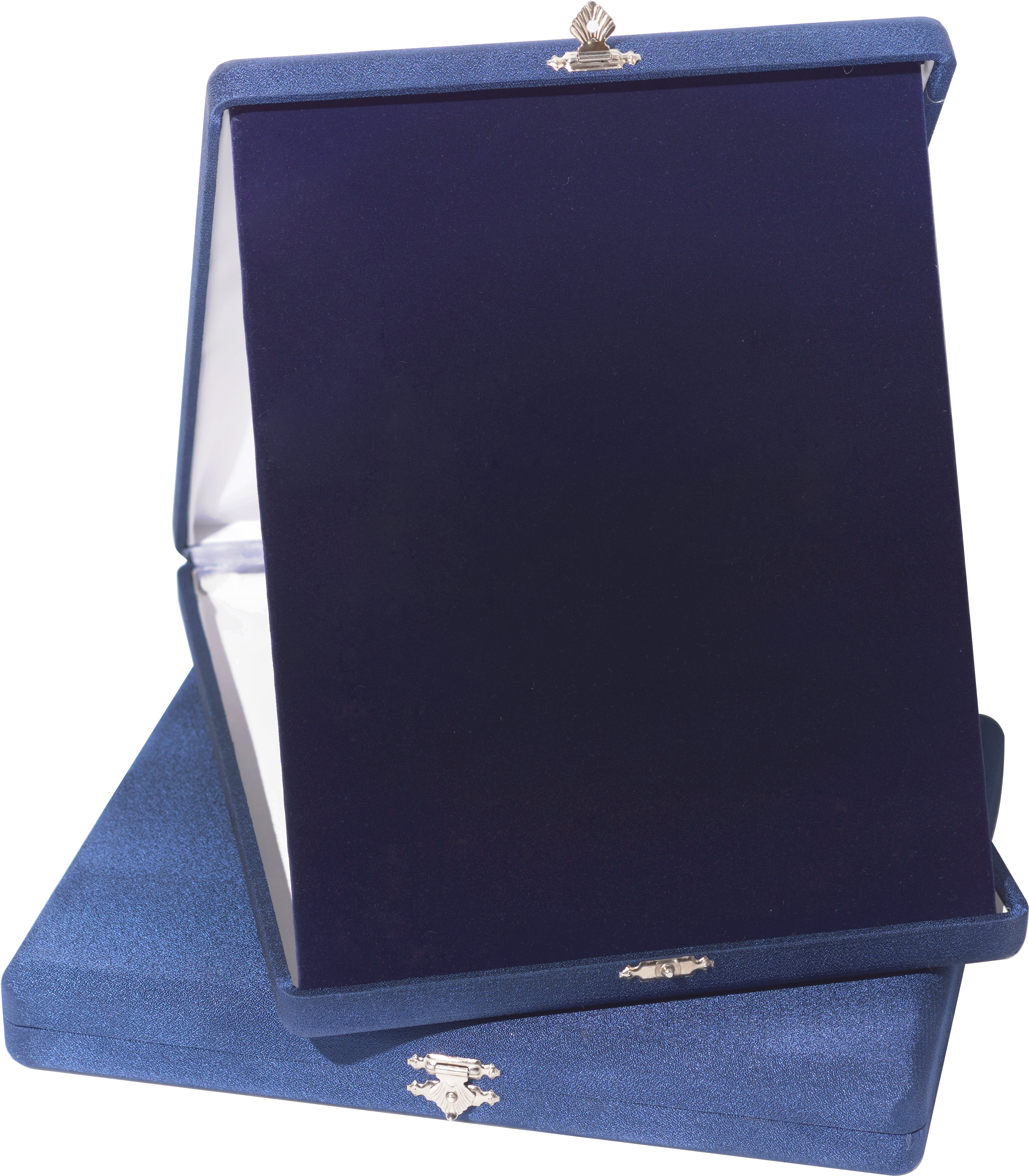 Blaue Aufstellkassette Etui 101 mit edlem Samtbezug,
weißem Seidenfutter und aufstellbarer
Präsentationsfläche für Ehrentafeln und Auszeichnungen.