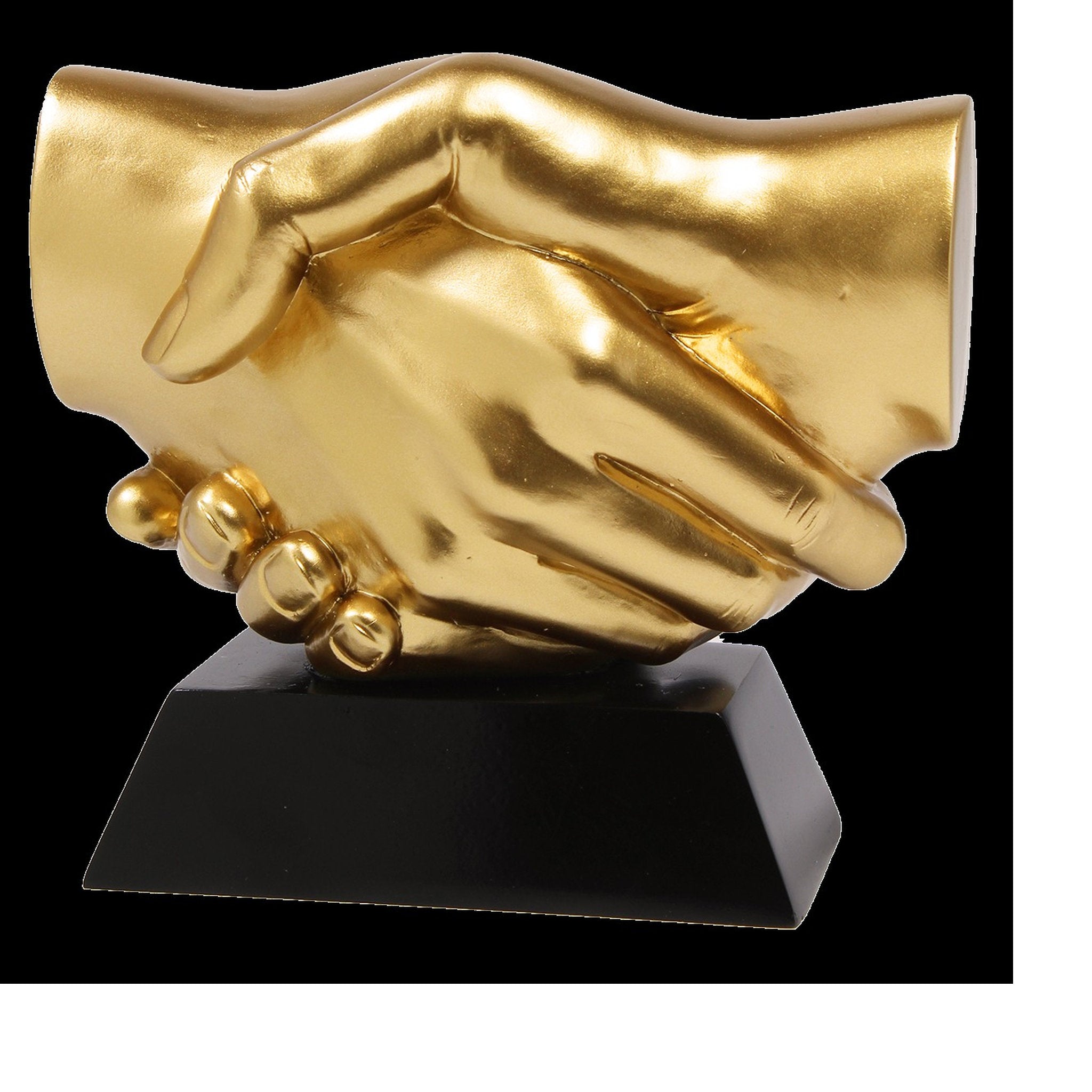 Die Handshake Trophy zeigt zwei goldene Hände, die sich die Hand geben. Die Figur steht auf einem schwarzen rechteckigen Sockel und eignet sich perfekt als Auszeichnung für Fairplay, Zusammenarbeit oder besondere Leistungen.
