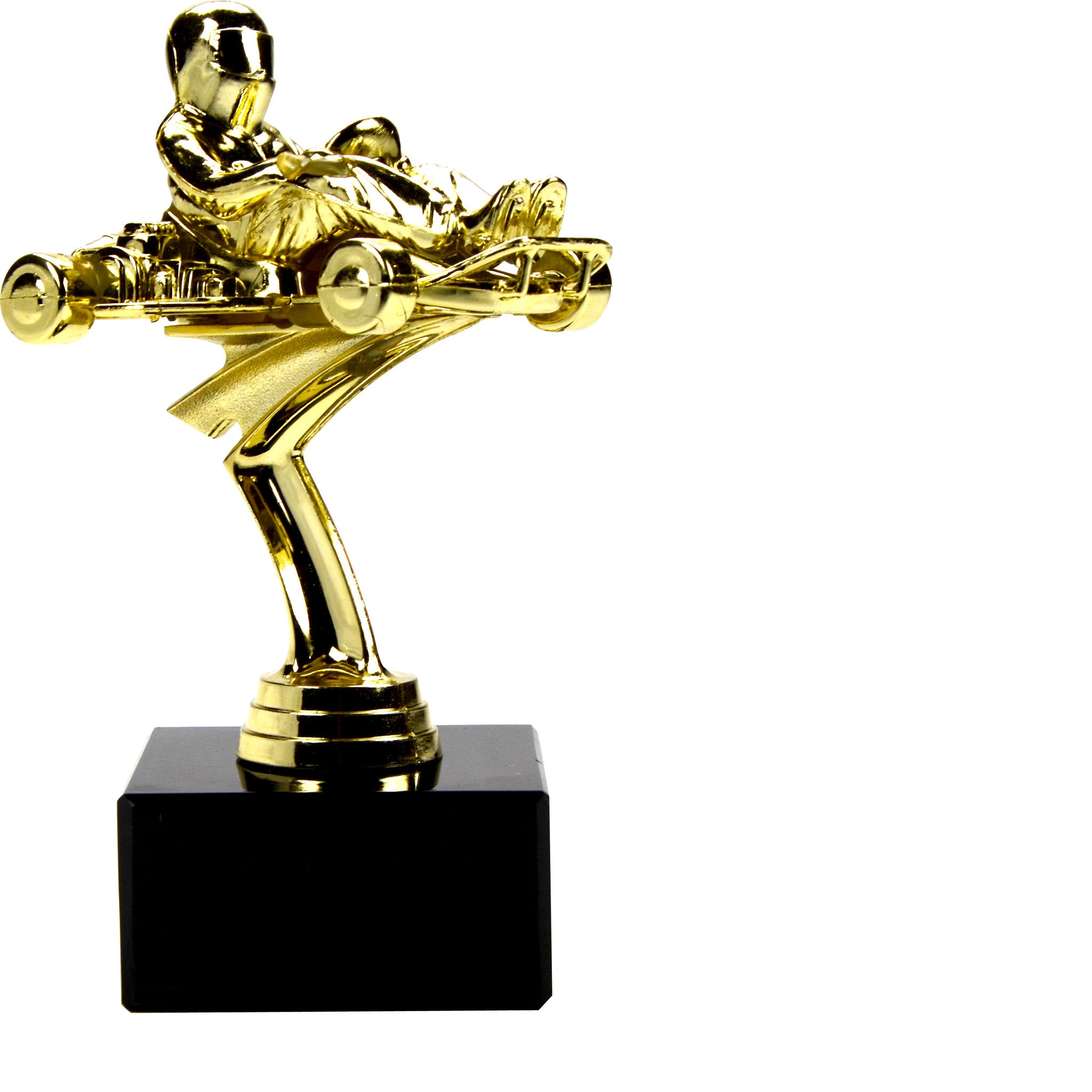 Die Go-Kart-Sportfigur zeigt einen Go-Kart-Fahrer, der in einem Kart sitzt, und steht auf einem schwarzen Marmorsockel. Die detailreiche Darstellung vermittelt Dynamik und Rennsport-Feeling und eignet sich ideal für Rennserien, Meisterschaften und sportli