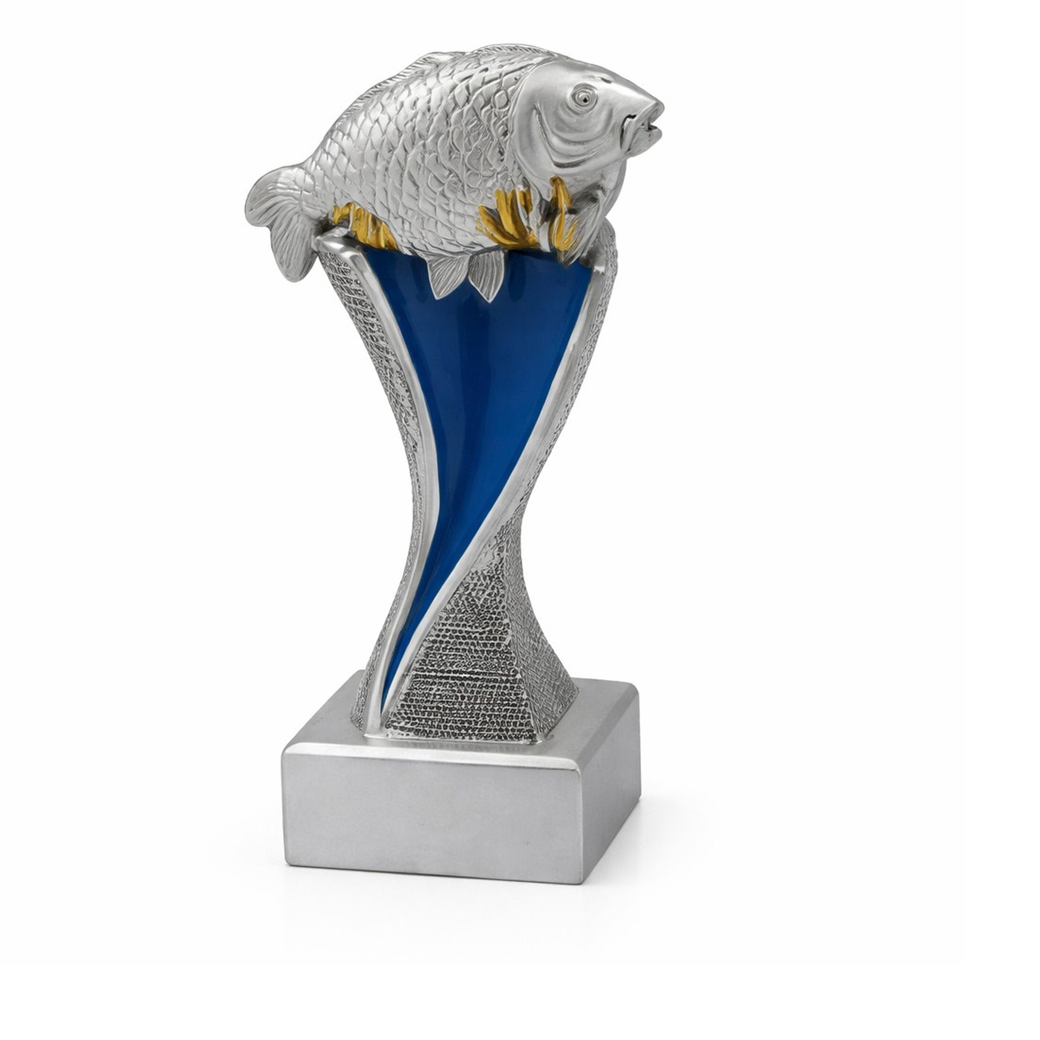 Die Fischen Groove ist eine Trophäe mit geschwungener Form in Silber auf silbernem Sockel. Ganz oben wird ein Fisch in den Händen gehalten. Diese dynamische Trophäe eignet sich perfekt für Anglerwettbewerbe, Vereinsmeisterschaften und sportliche Ehrungen.