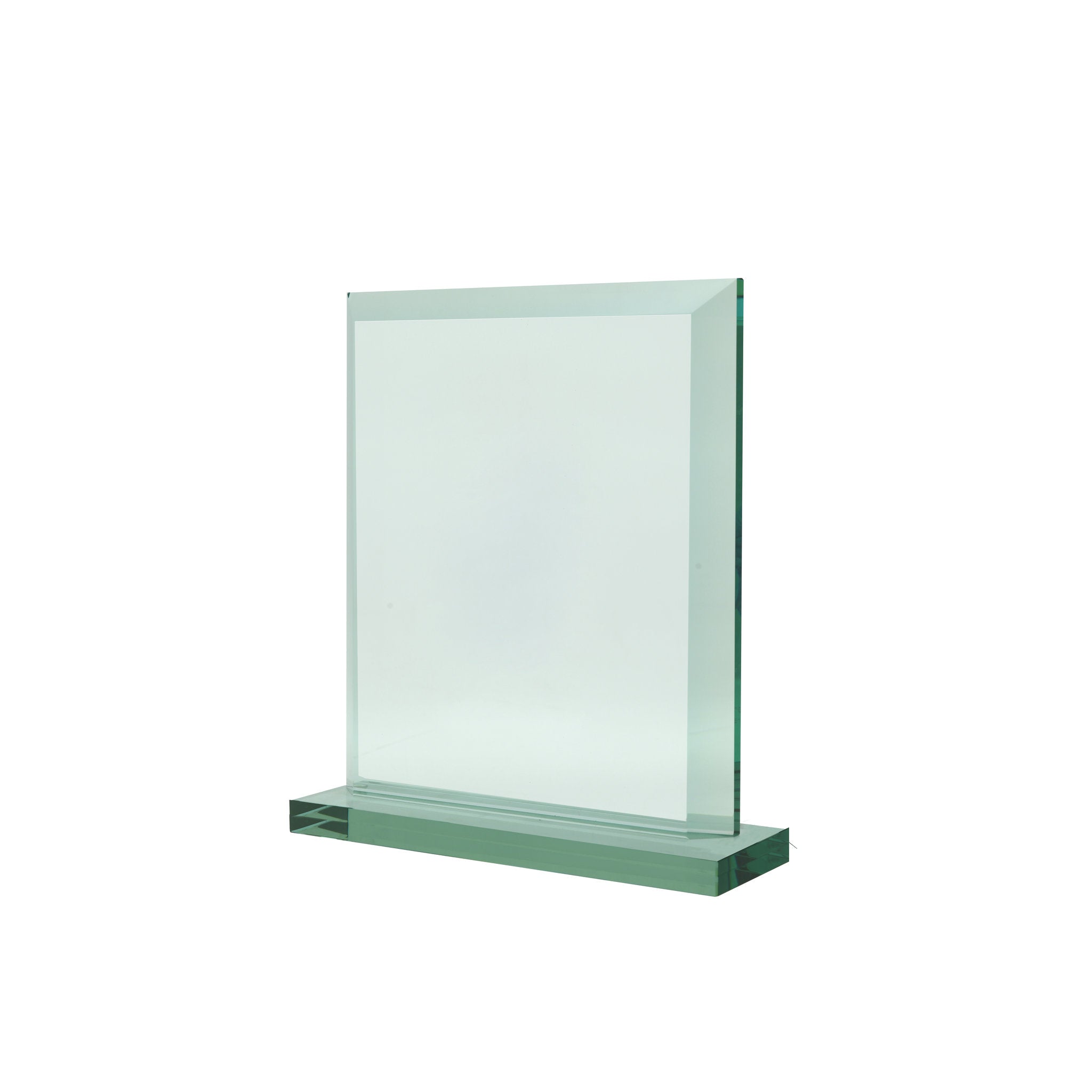 Rechteckige Glastrophäe in "Glas-Aqua-Grün" mit breitem Schliff und 15 mm Glasstärke auf Glassockel, handgefertigt und geeignet für formelle Ehrungen.