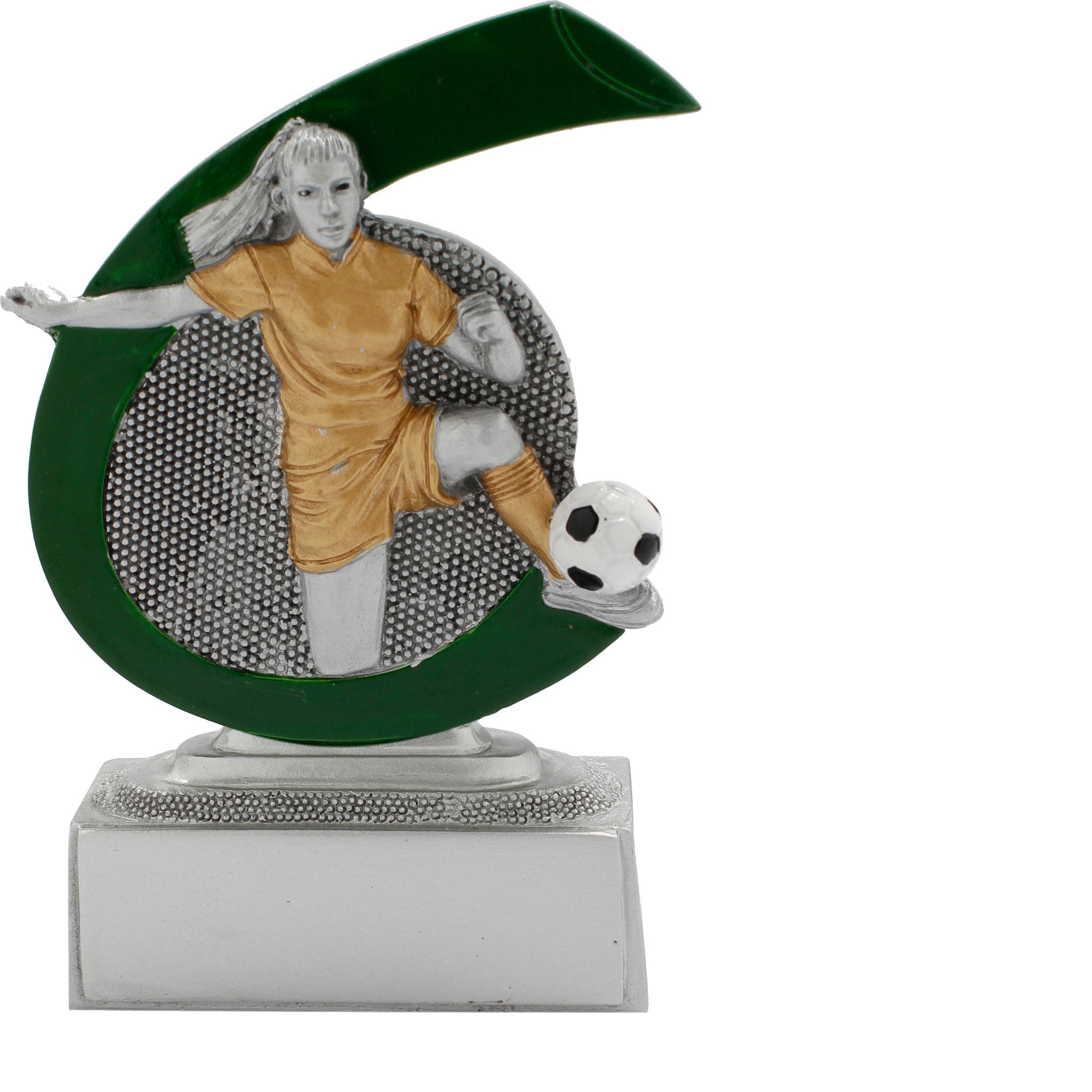 Die Damenfußball ist eine Resina-Trophäe mit geschwungenem, halbmondförmigem Hintergrund, auf dem eine Fußballerin mit Ball dargestellt ist. Die Trophäe steht auf einem silbernen rechteckigen Sockel und eignet sich perfekt für Frauenfußballturniere, Verei
