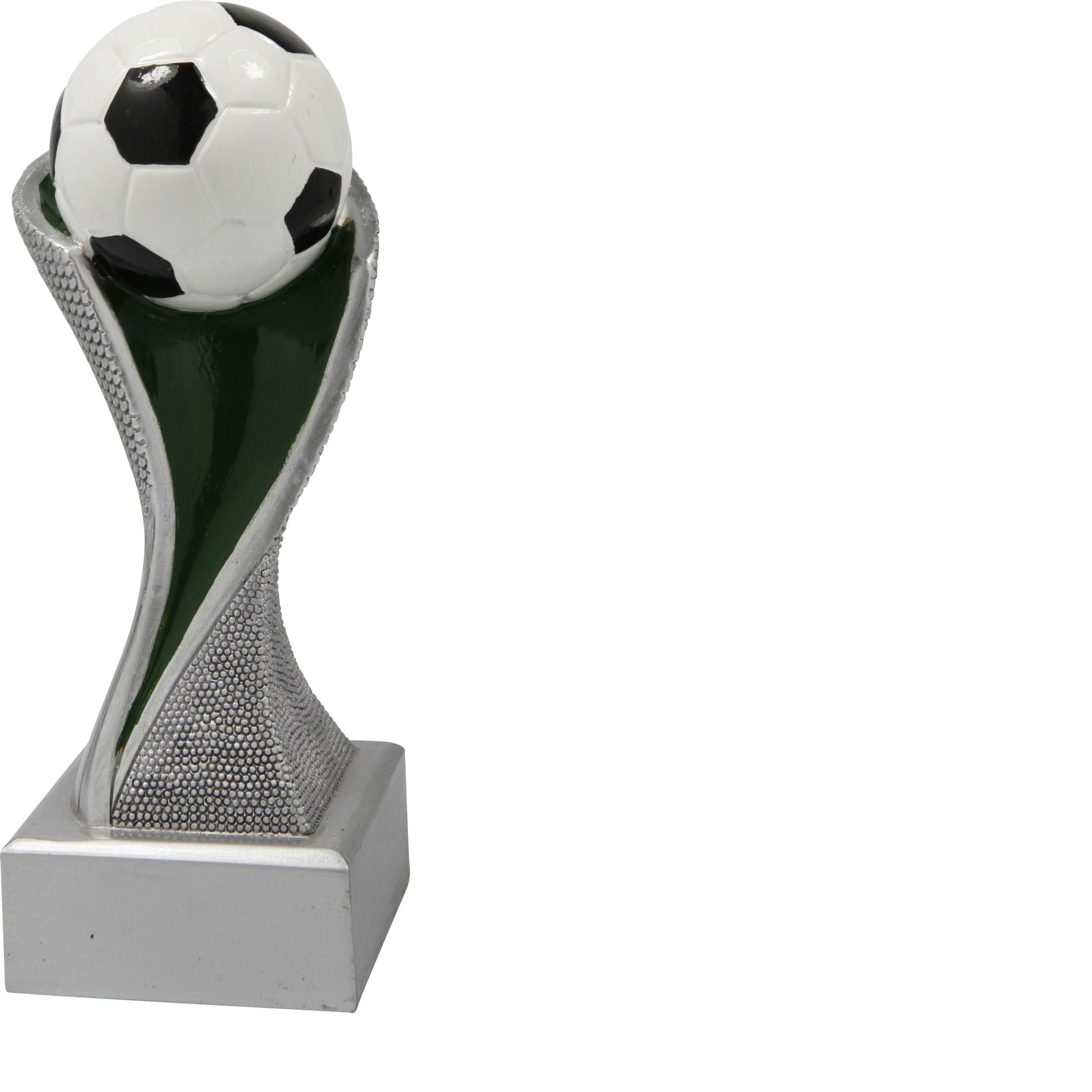 Die Fußball Groove ist eine Trophäe mit geschwungener Form in Silber auf silbernem Sockel. Ganz oben ist ein Fußball angebracht. Diese dynamische Trophäe eignet sich perfekt für Fußballturniere, Vereinsmeisterschaften und sportliche Ehrungen.