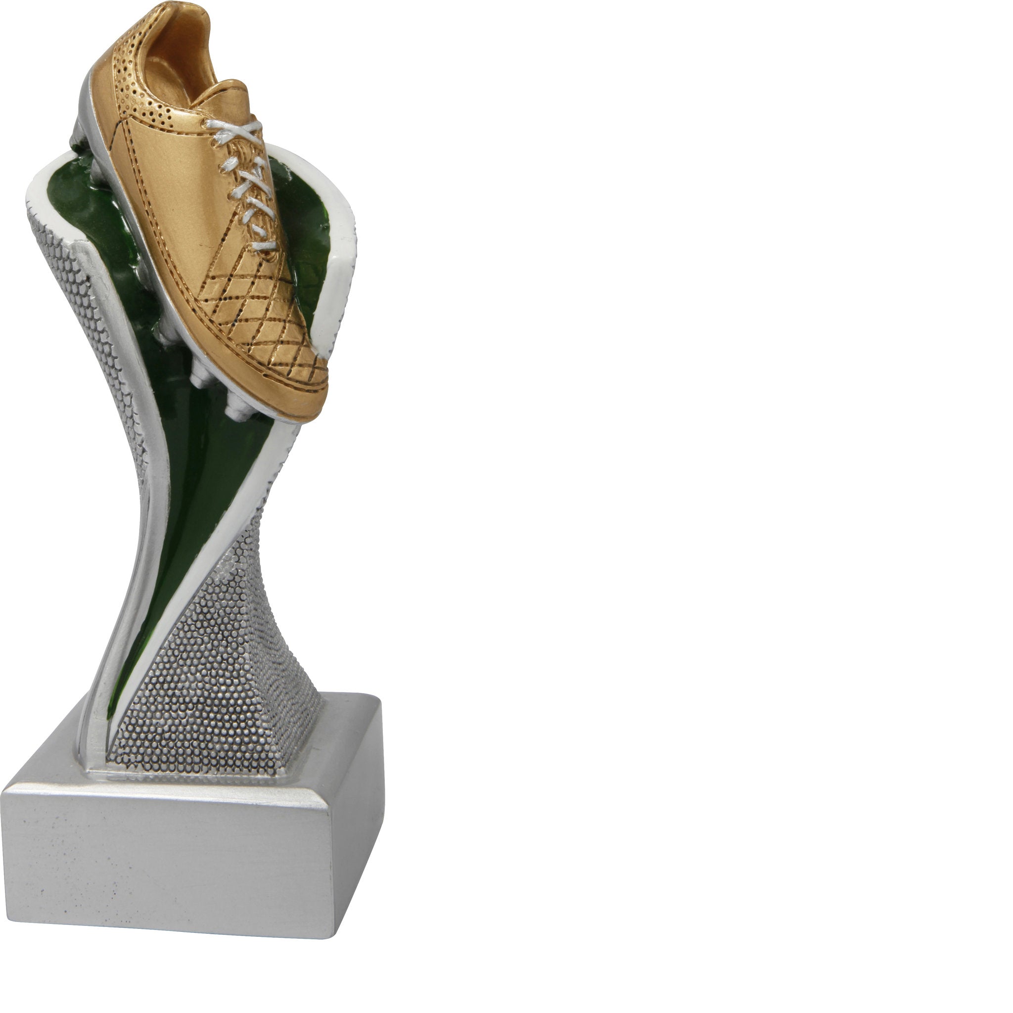 Die Fußballschuh Groove ist eine Trophäe mit geschwungener Form in Silber auf silbernem Sockel. Ganz oben ist ein goldener Fußballschuh angebracht. Diese dynamische Trophäe eignet sich perfekt für Fußballturniere, Vereinsmeisterschaften und sportliche Ehr