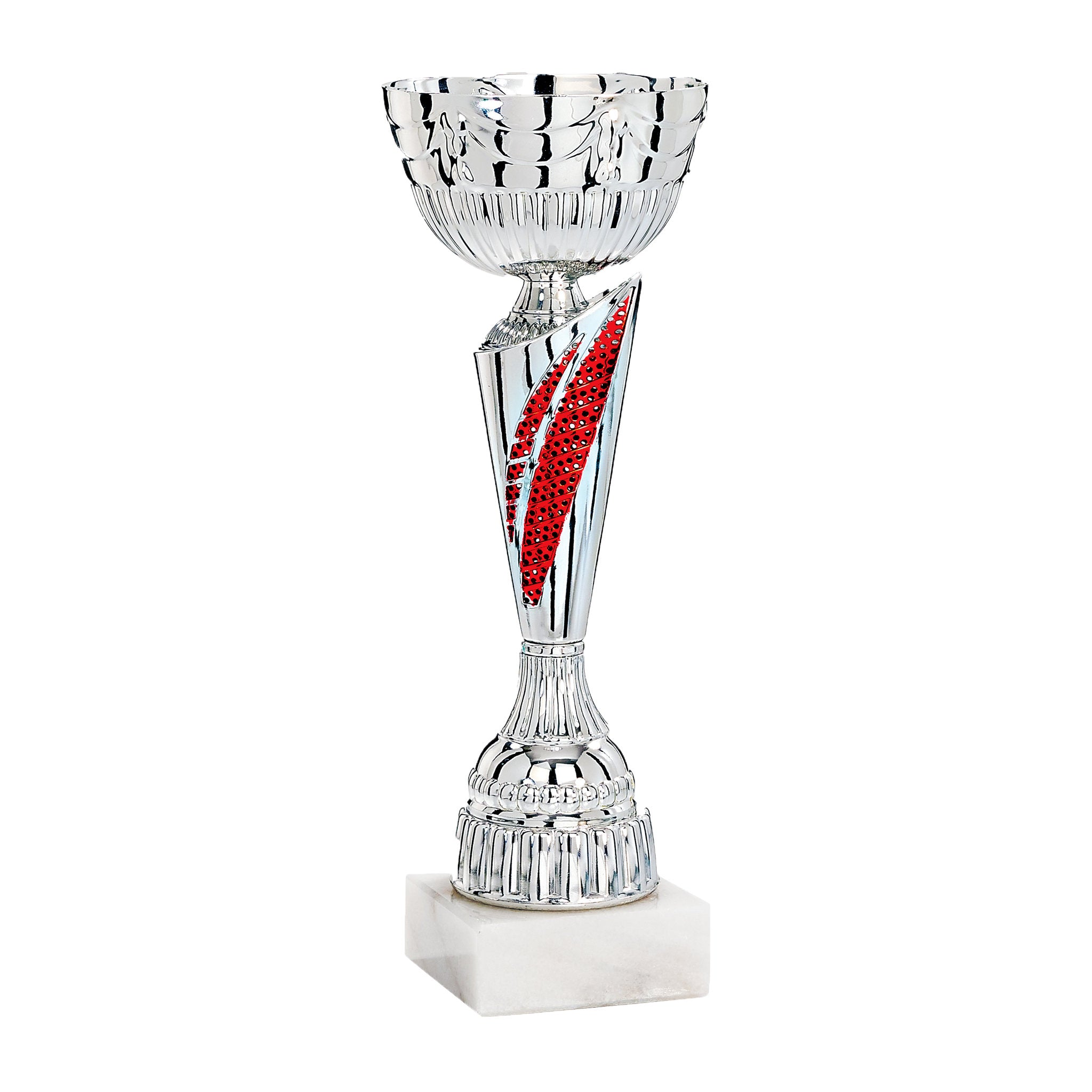 Gisela setzt mit ihren roten Elementen ein kraftvolles Zeichen. Der silberfarbene Kelch wird im Mittelteil von roten Strukturelementen ergänzt, die dem Pokal Dynamik und Energie verleihen.

Die vertikale Linienführung unterstreicht die Höhe und Eleganz de