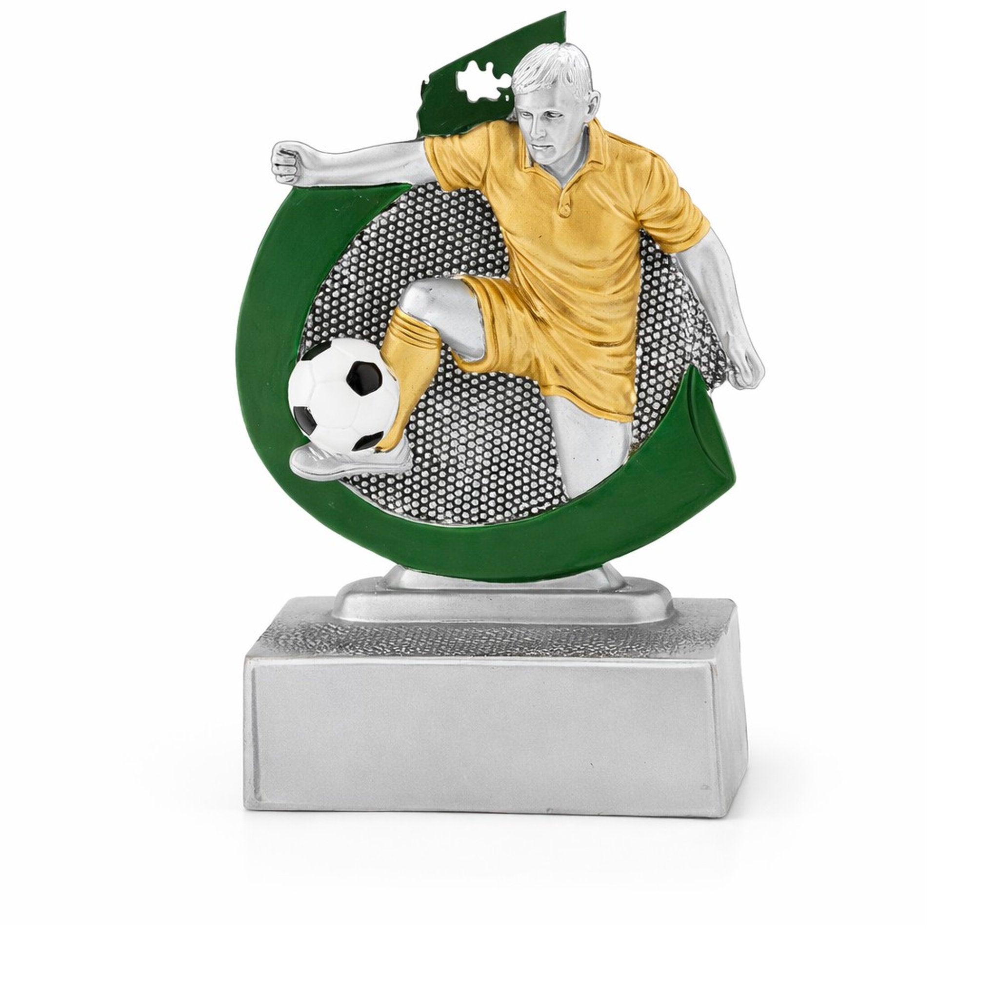 Die Herrenfußball ist eine Resina-Trophäe mit geschwungenem, halbmondförmigem Hintergrund, auf dem ein Mann mit goldenem Trikot Fußball spielt. Die Trophäe steht auf einem silbernen rechteckigen Sockel und eignet sich perfekt für Fußballturniere, Vereinsm
