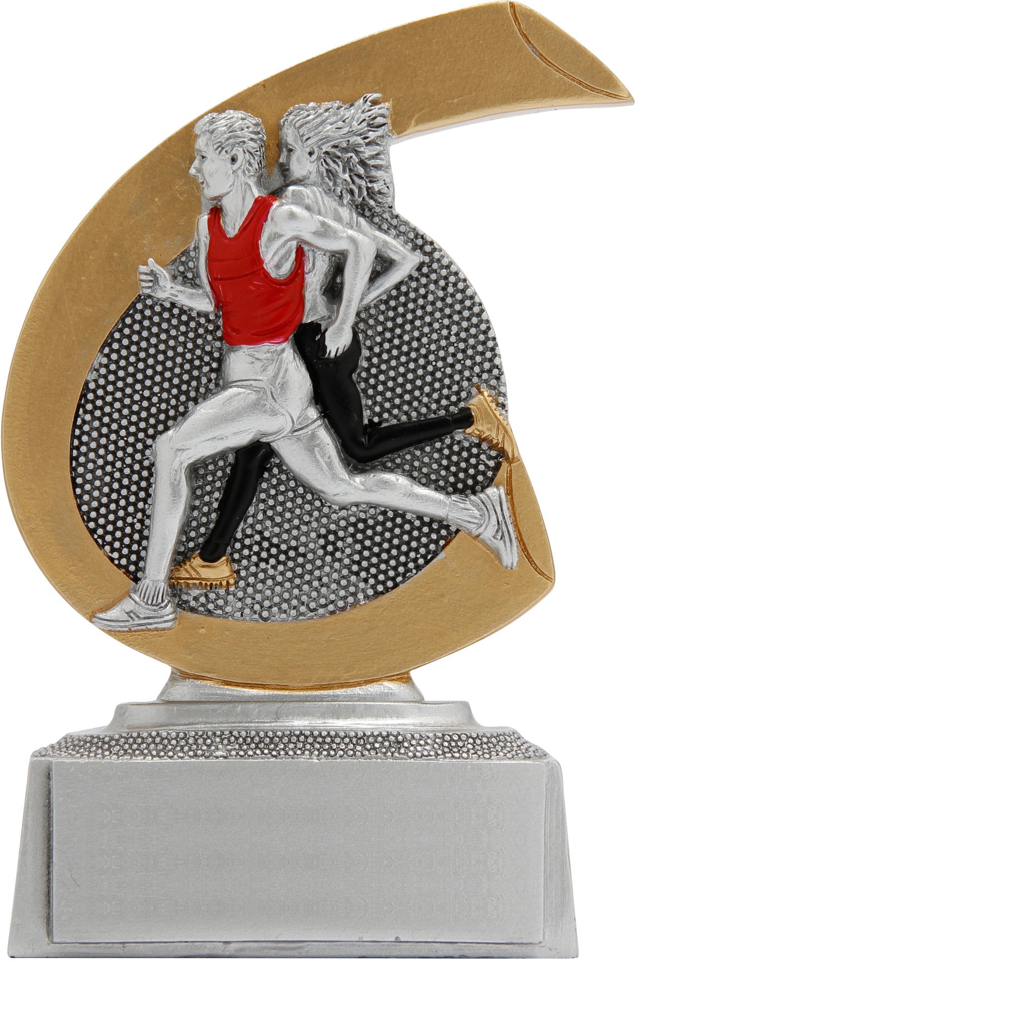 Die Laufen ist eine Resina-Trophäe mit geschwungenem, halbmondförmigem Hintergrund, auf dem ein Mann mit rotem Shirt und eine Frau in schwarzer Bekleidung beim Laufen dargestellt sind. Die Trophäe steht auf einem silbernen rechteckigen Sockel und eignet s