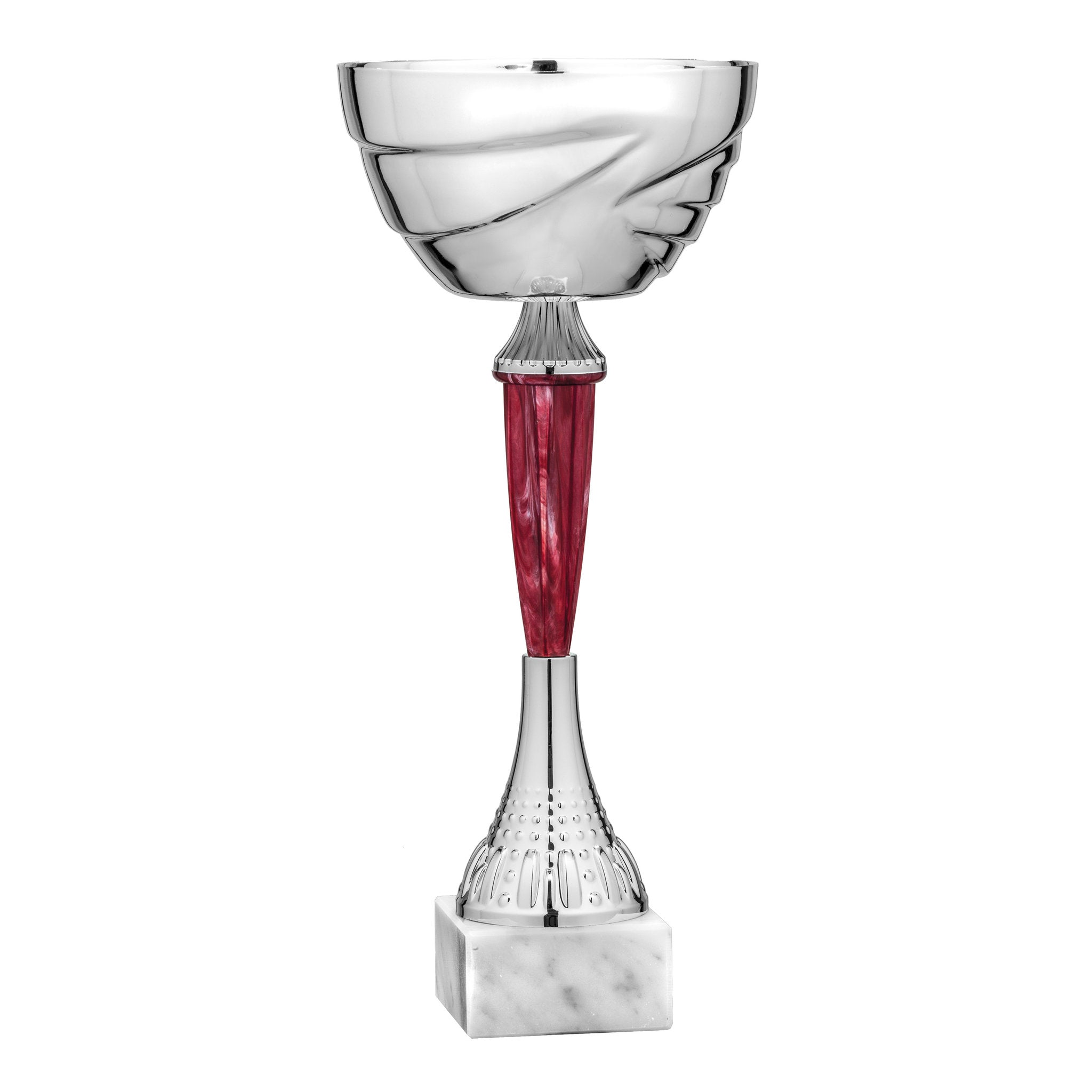 Der Pokal Merylin überzeugt durch seine klare, ausgewogene Linienführung und das farblich akzentuierte Mittelteil, welches dem klassischen Aufbau eine moderne Note verleiht. Der silberfarbene Kelch wirkt ruhig und hochwertig, während der helle Sockel für
