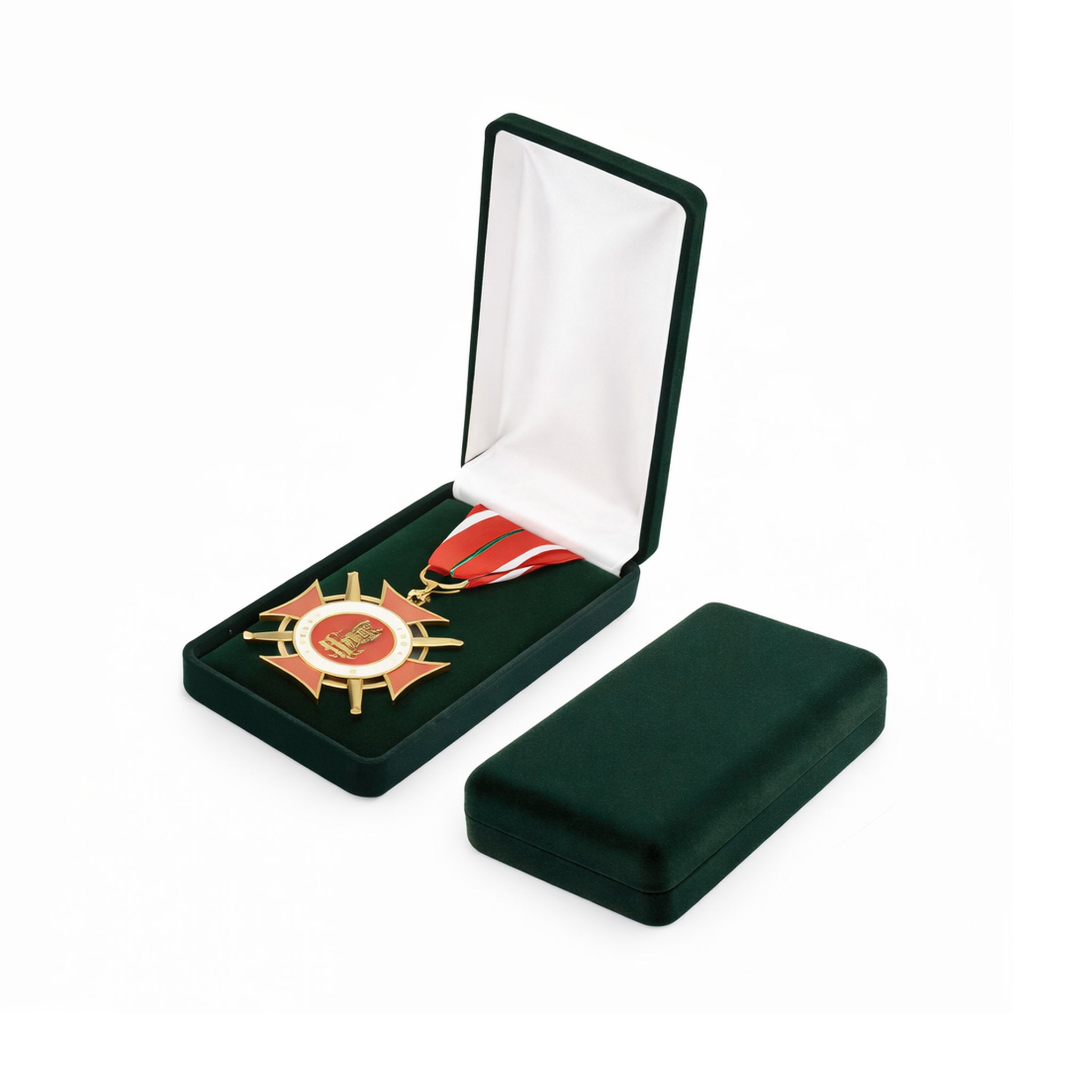 Elegantes Samt-Etui zur Präsentation von Medaillen mit Band. Der Boden ermöglicht die ausgestellte Präsentation der Medaille.