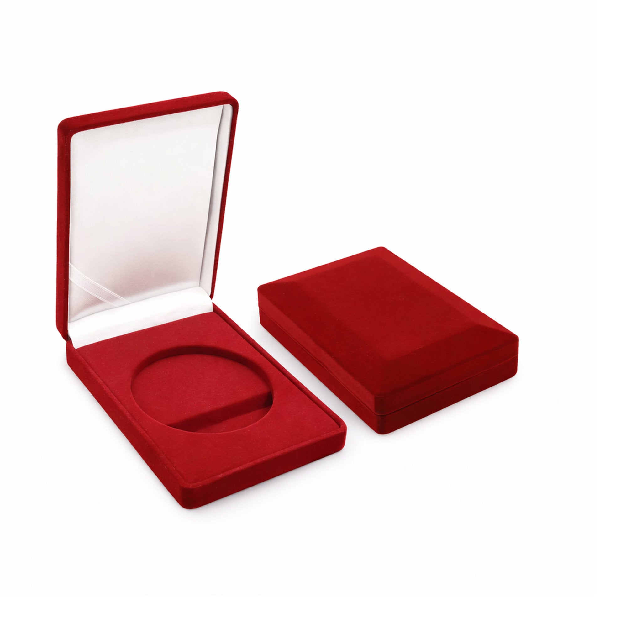 Elegantes Samt-Etui zur Aufbewahrung von Münzen oder Medaillen ohne Öse. Mit passgenauer Vertiefung und Platz für ein Zertifikat im Deckel – ideal für Ehrungen und Sammlerstücke.
