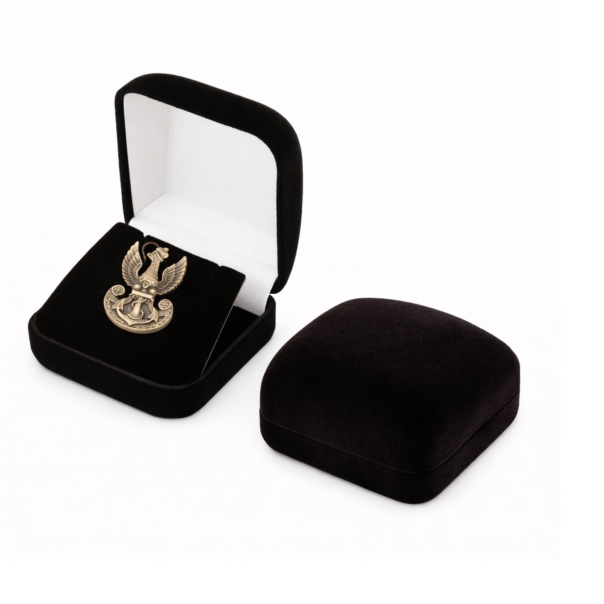 Elegantes Samt-Etui für mittelgroße Pins. Ideal zur Präsentation und sicheren Aufbewahrung von Anstecknadeln.